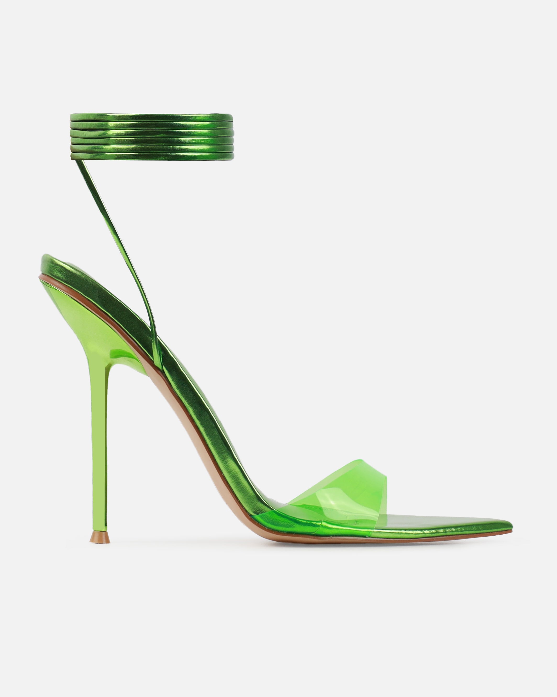 Mary Bedford Ariaa Green Clear Lace Up Stiletto Heels | SIMMI London