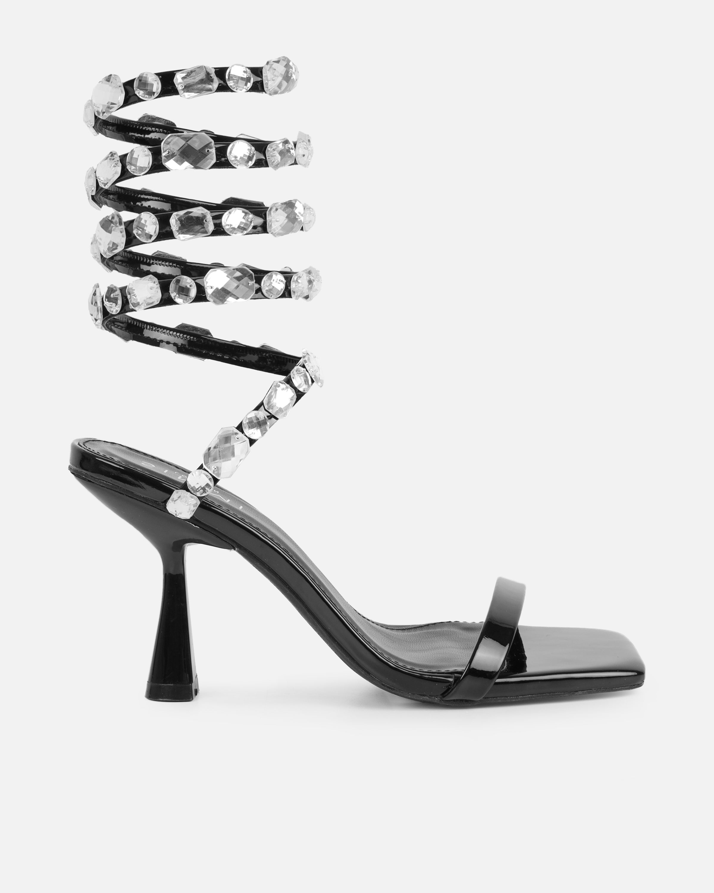Amor Black Patent Diamante Spiral Sandals | SIMMI London