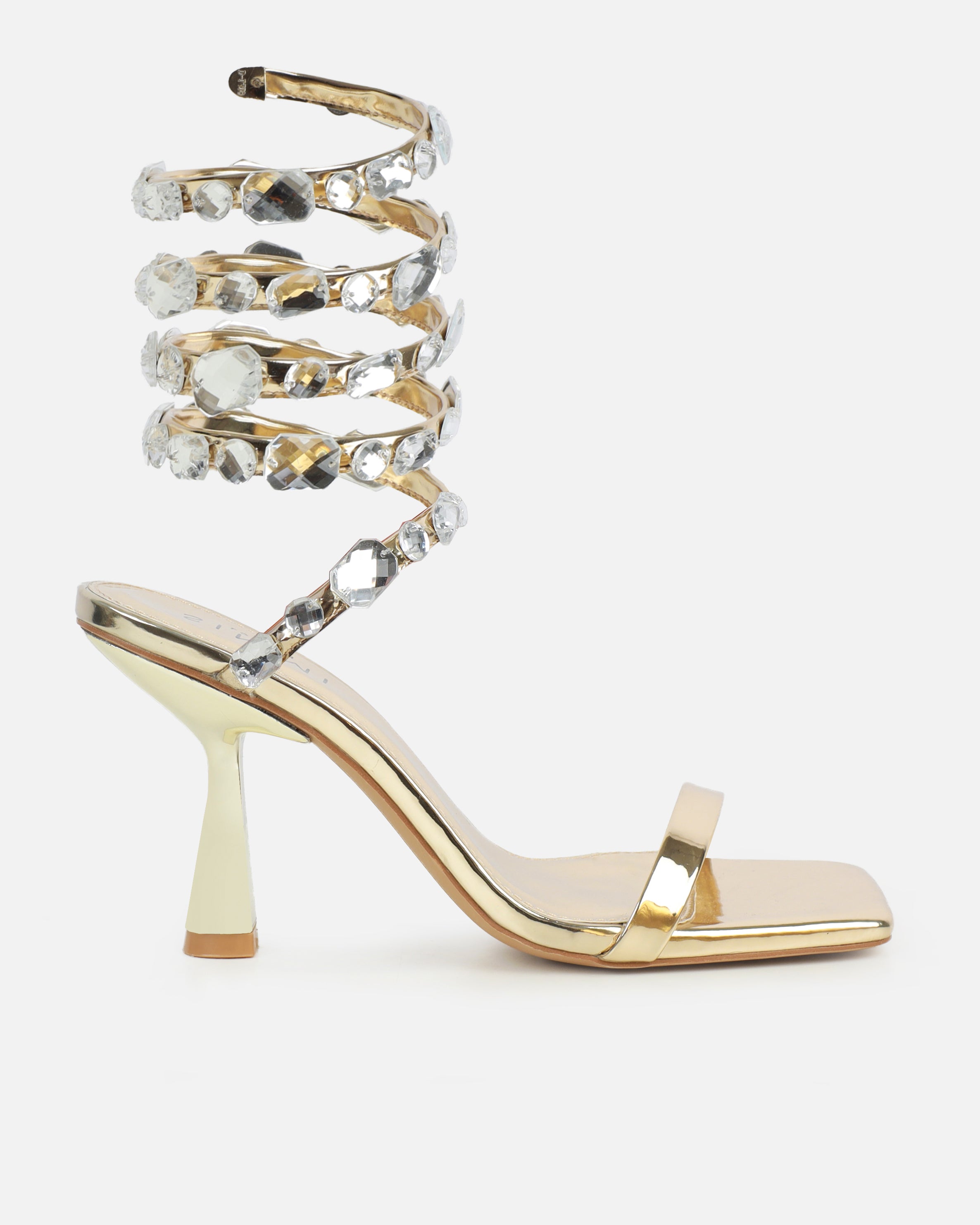 Amor gold mirror diamante spiral sandals | SIMMI London