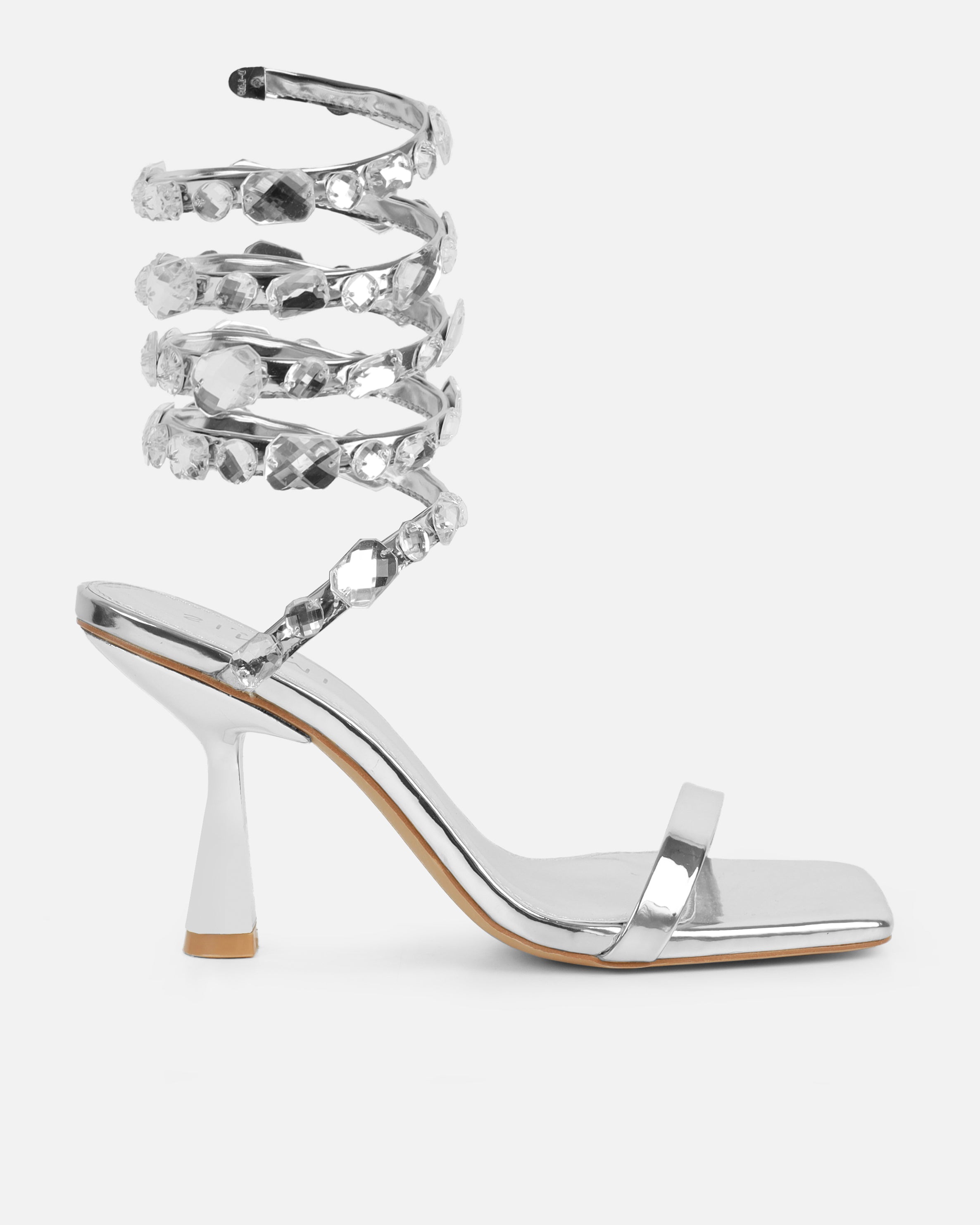 Amor silver mirror diamante spiral sandals | SIMMI London