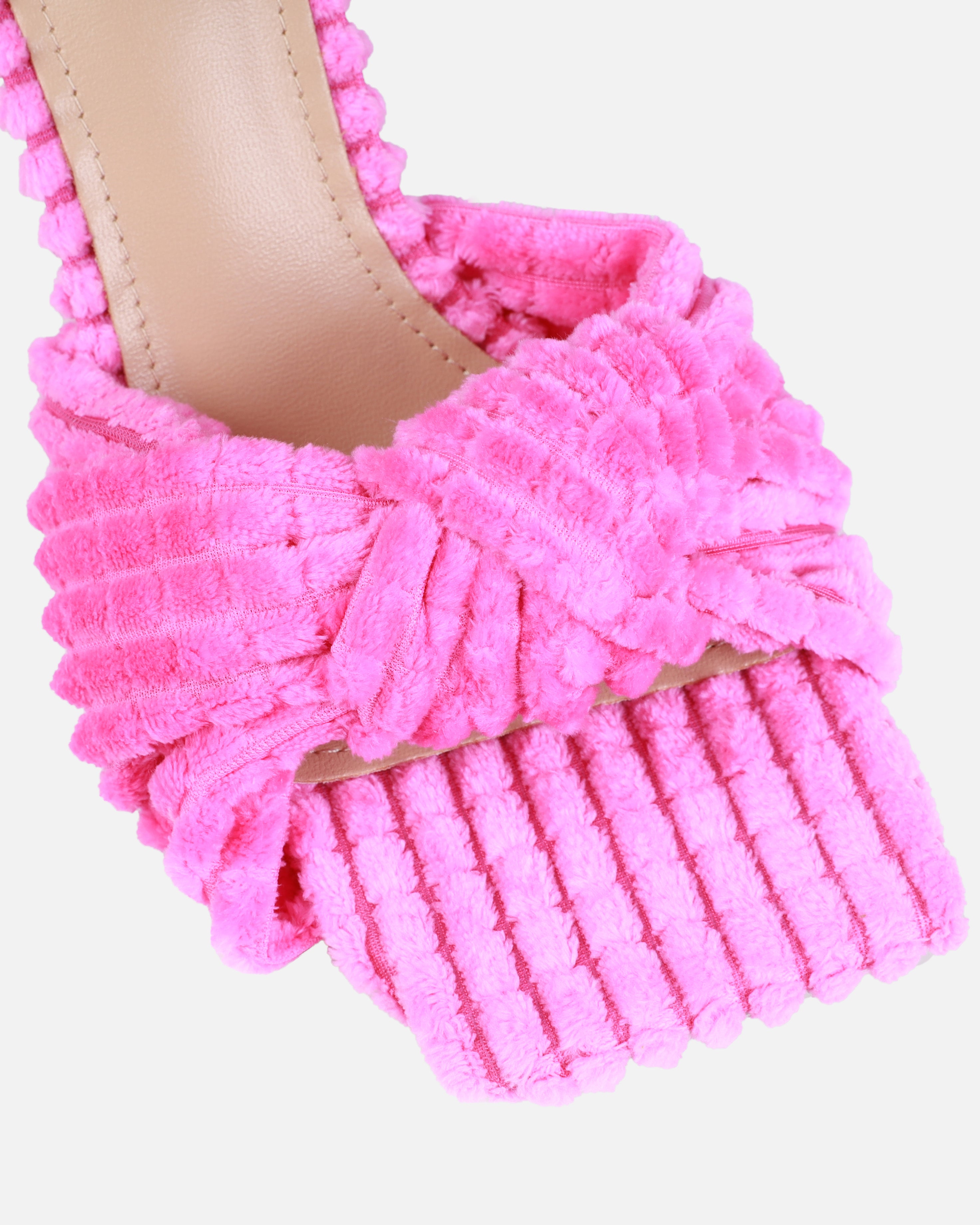 Bora Pink Towel Knot Mid Heel Mules | SIMMI London