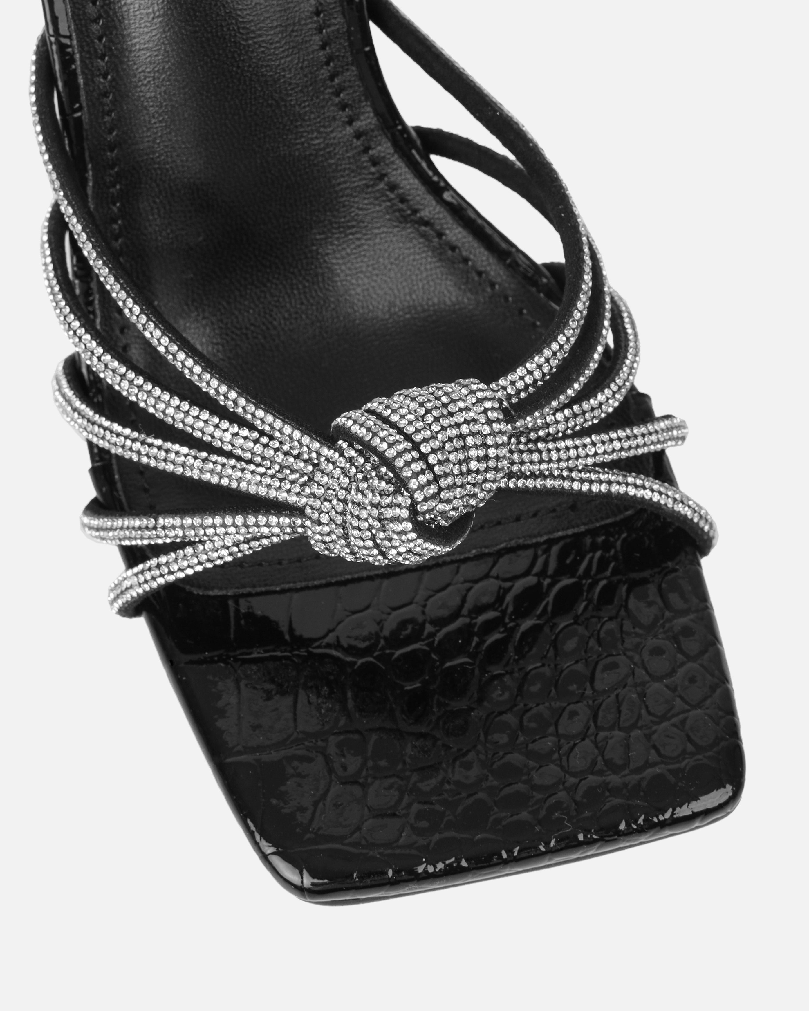 Estelleah Black Faux Snake Print Diamante Mid Heel Mules | SIMMI London