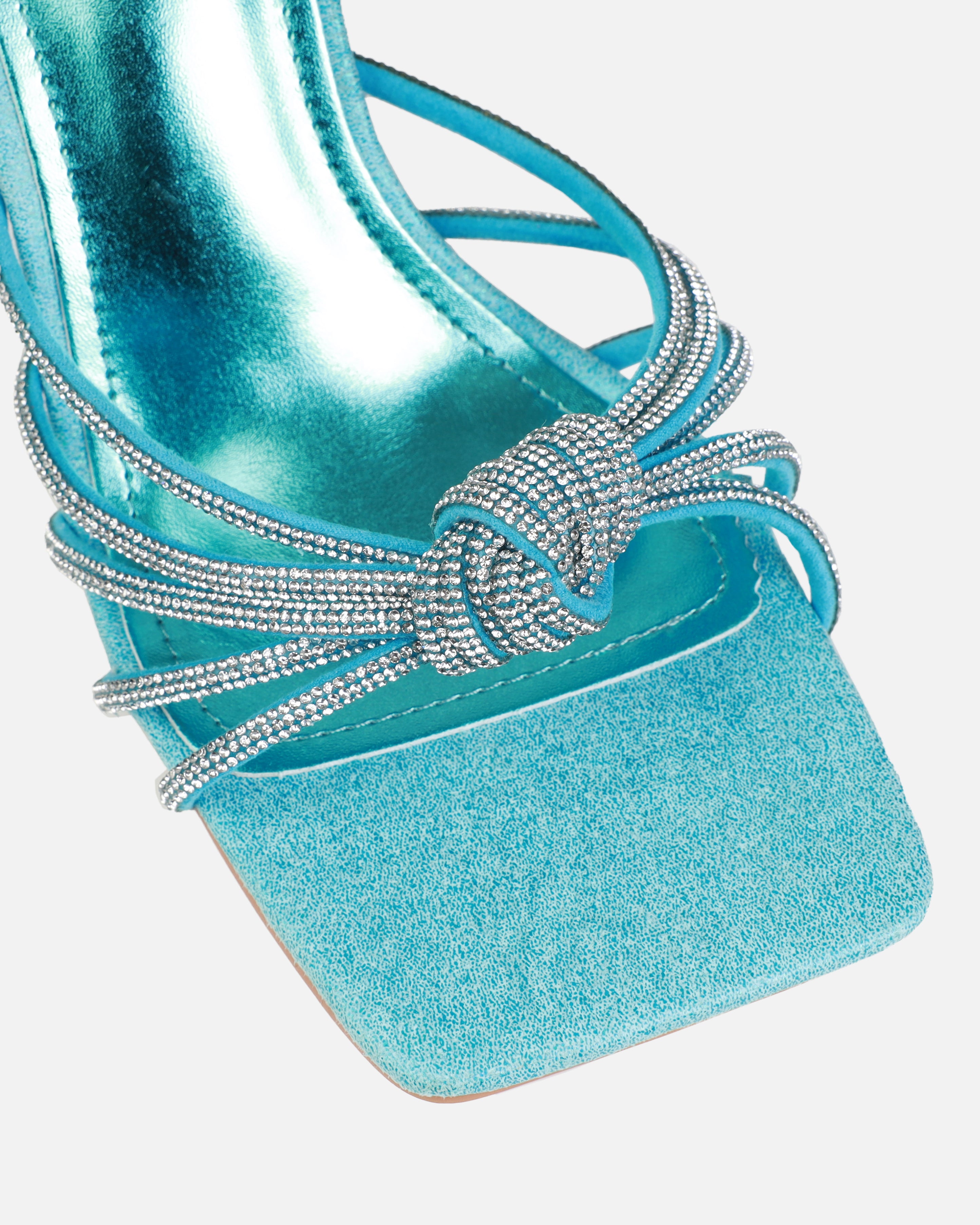 Estelleah Blue Diamante Mid Heel Mules | SIMMI London