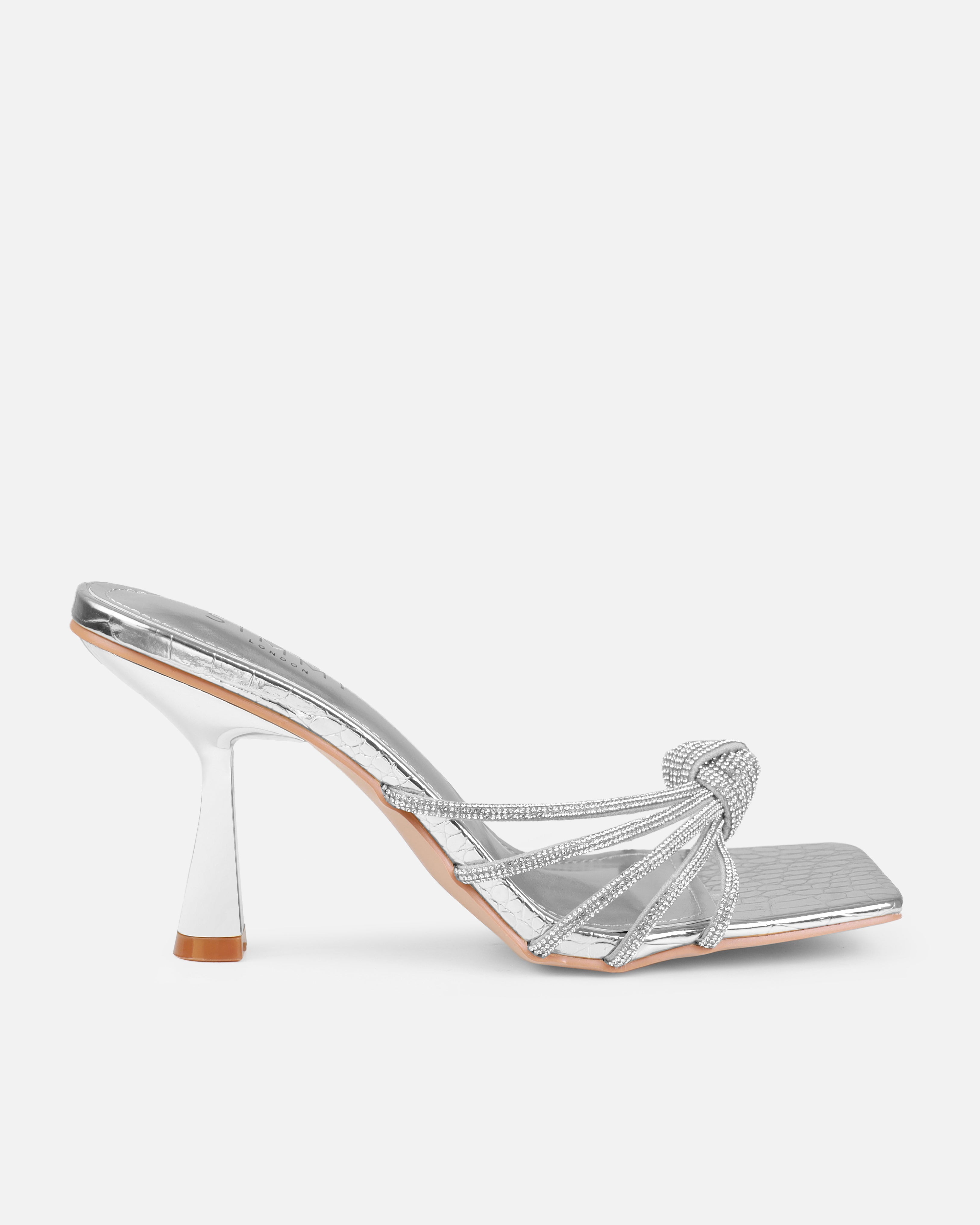 Estelleah Silver Faux Snake Print Diamante Mid Heel Mules | SIMMI London