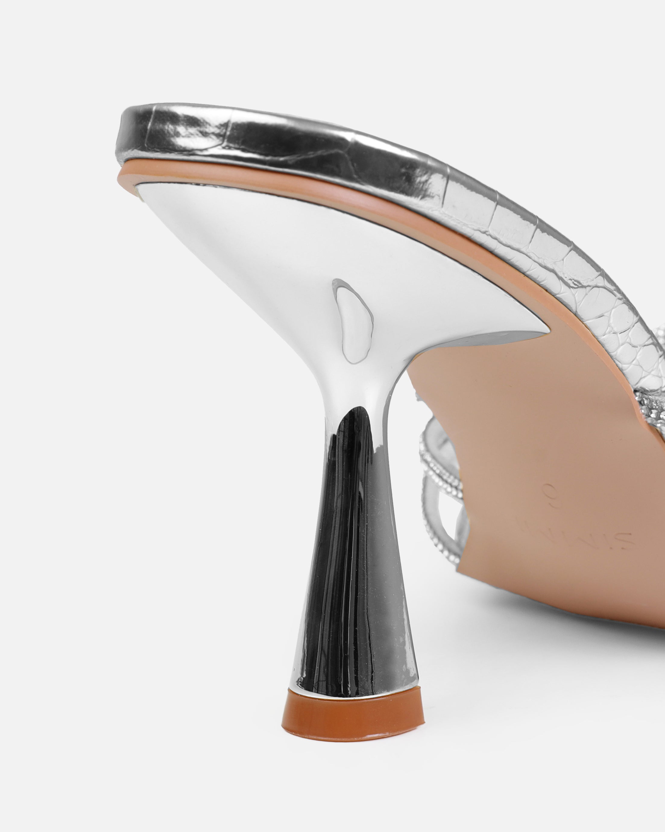 Estelleah Silver Faux Snake Print Diamante Mid Heel Mules | SIMMI London