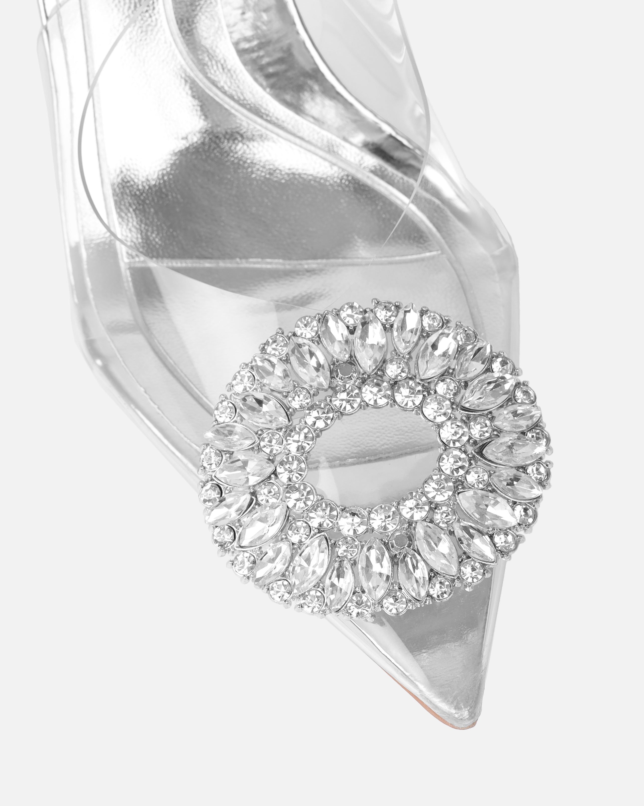 Alanis Silver Clear Diamante Slingback Mid Heel Courts | SIMMI London
