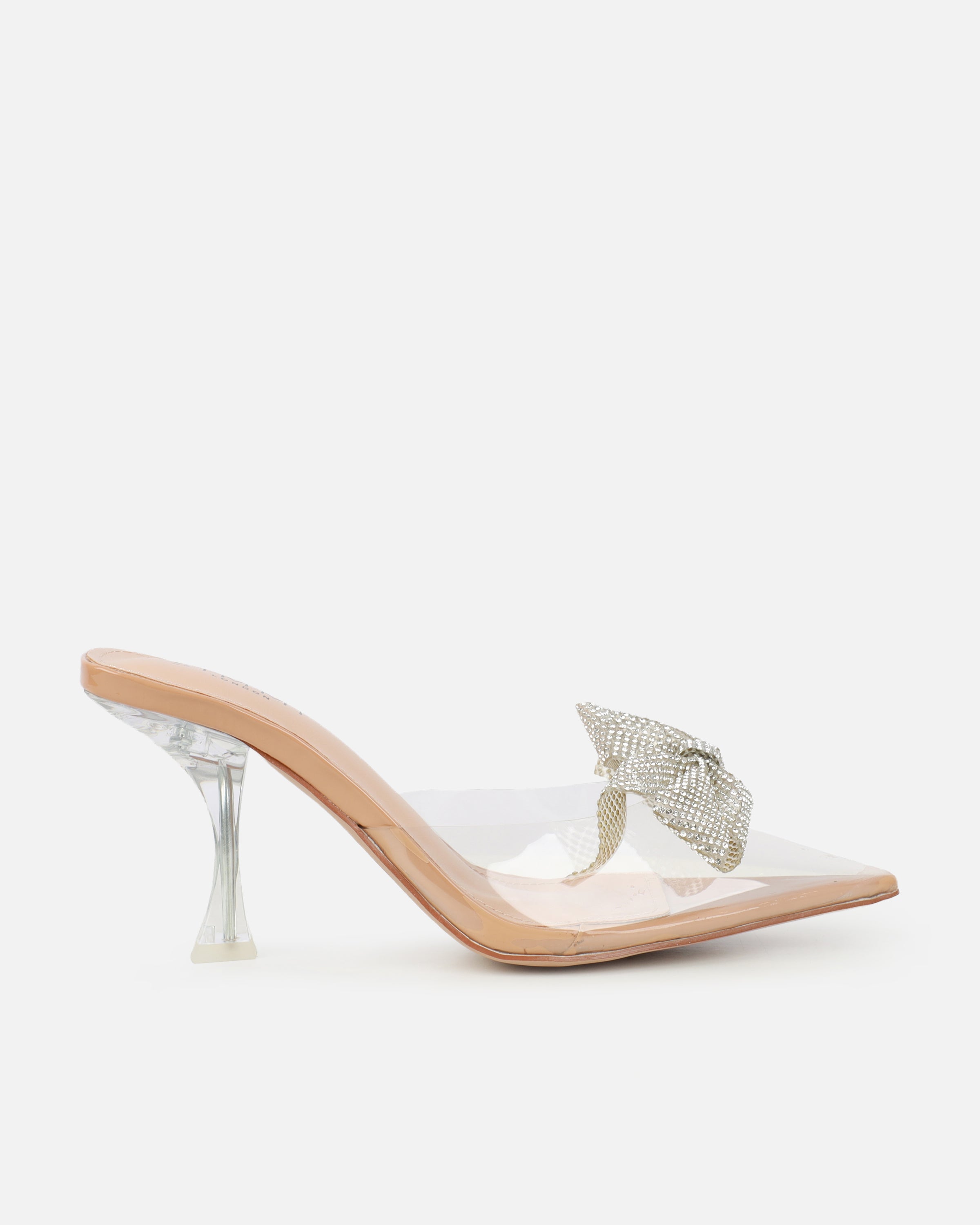 Alorah clear nude diamante bow trim sling back court shoes | SIMMI London