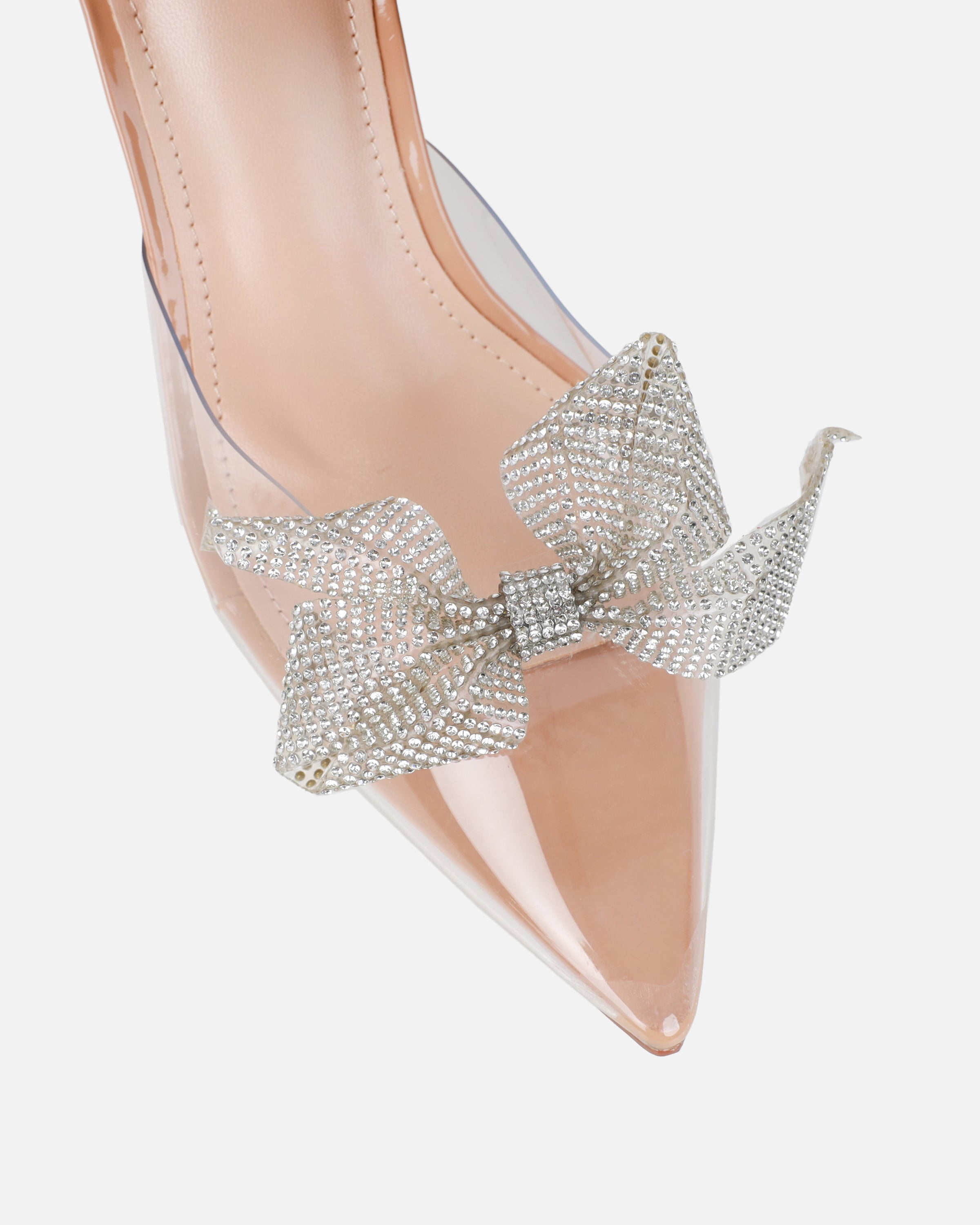 Alorah clear nude diamante bow trim sling back court shoes | SIMMI London