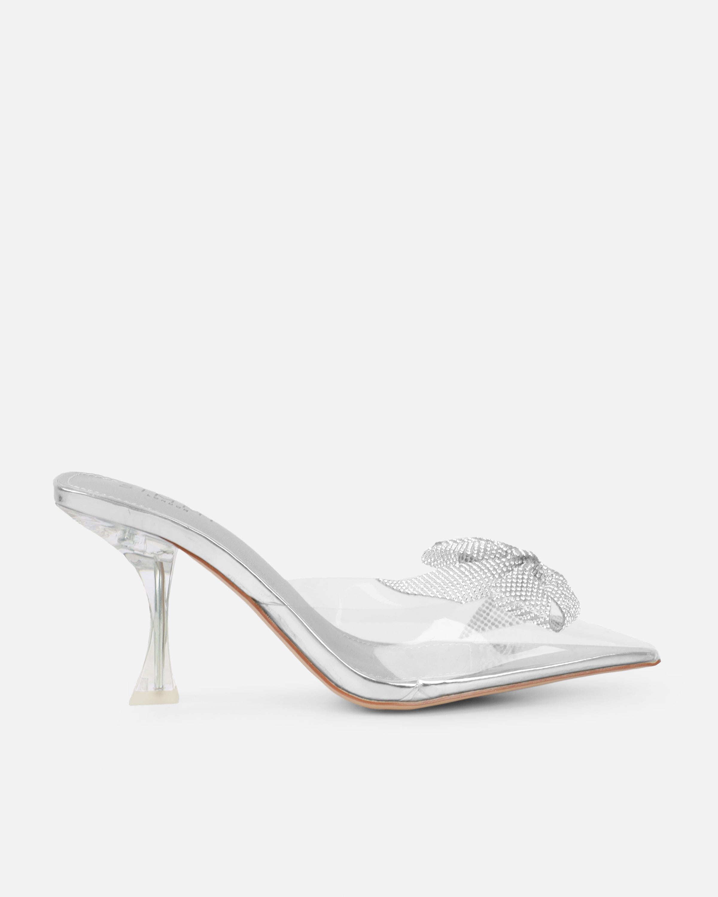 Alorah clear silver mirror diamante bow trim sling back court shoes | SIMMI London