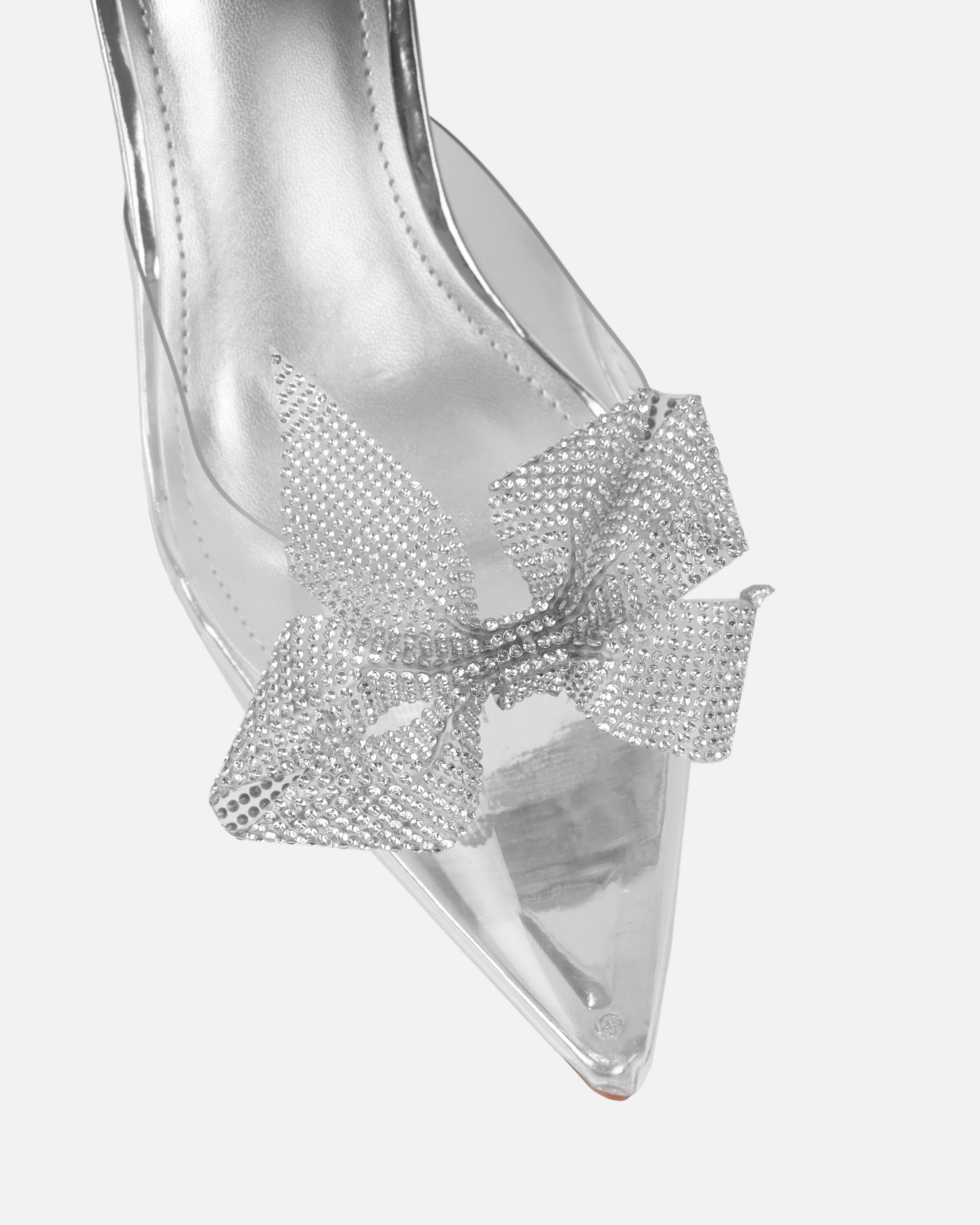 Alorah clear silver mirror diamante bow trim sling back court shoes | SIMMI London