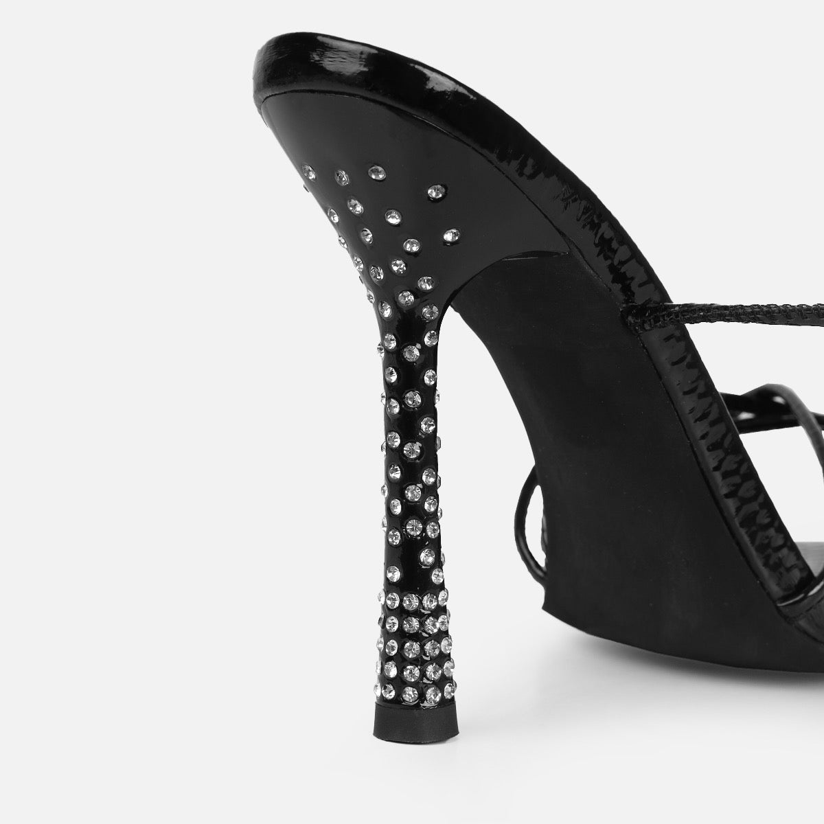 Alenah Black Faux Snake Print Lace Up Diamante Heels | SIMMI London