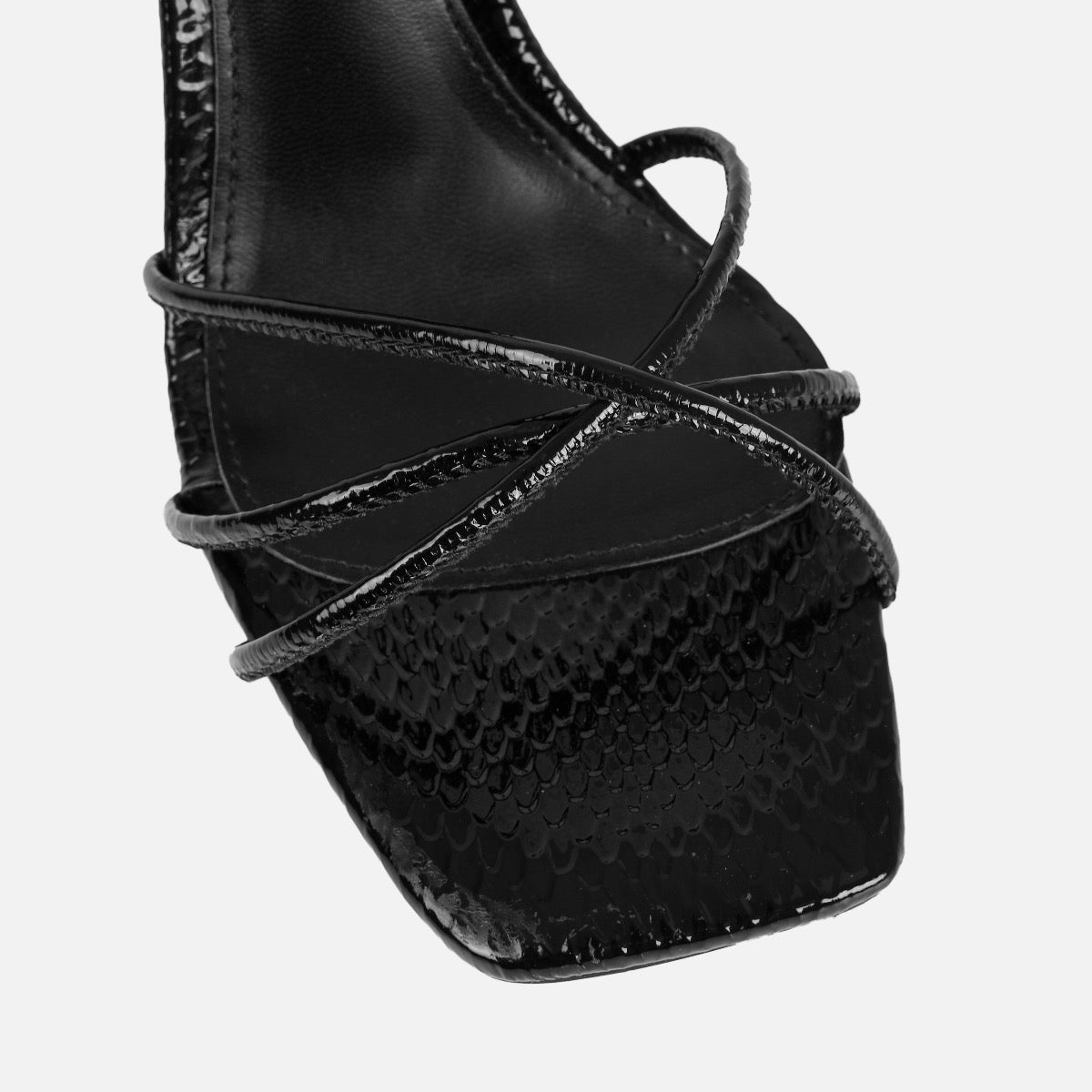 Alenah Black Faux Snake Print Lace Up Diamante Heels | SIMMI London