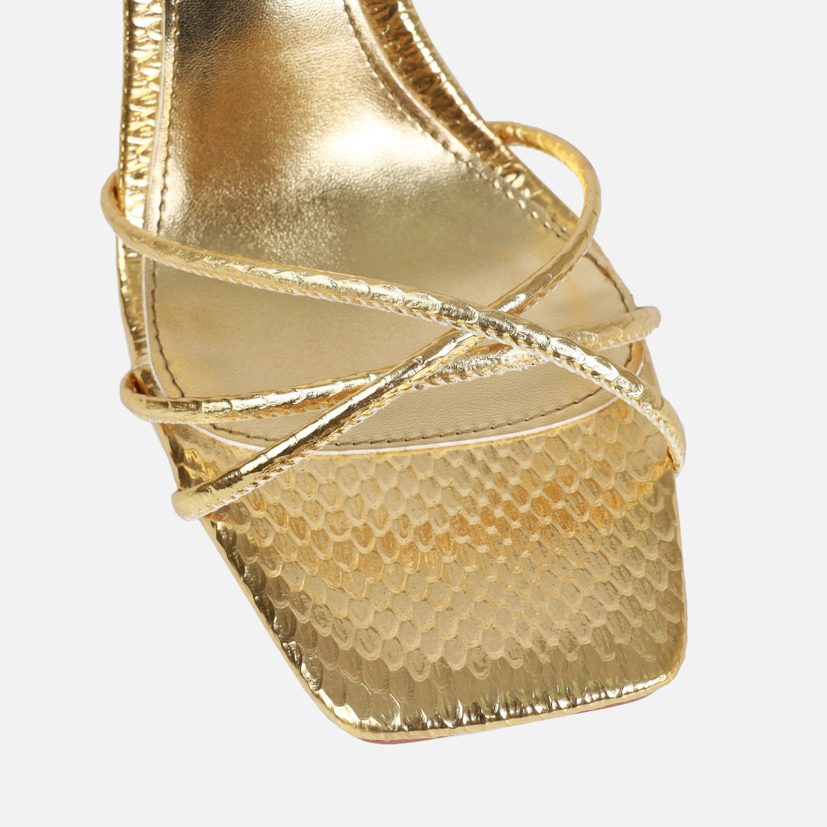 Alenah Gold Faux Snake Print Lace Up Diamante Heels | SIMMI London