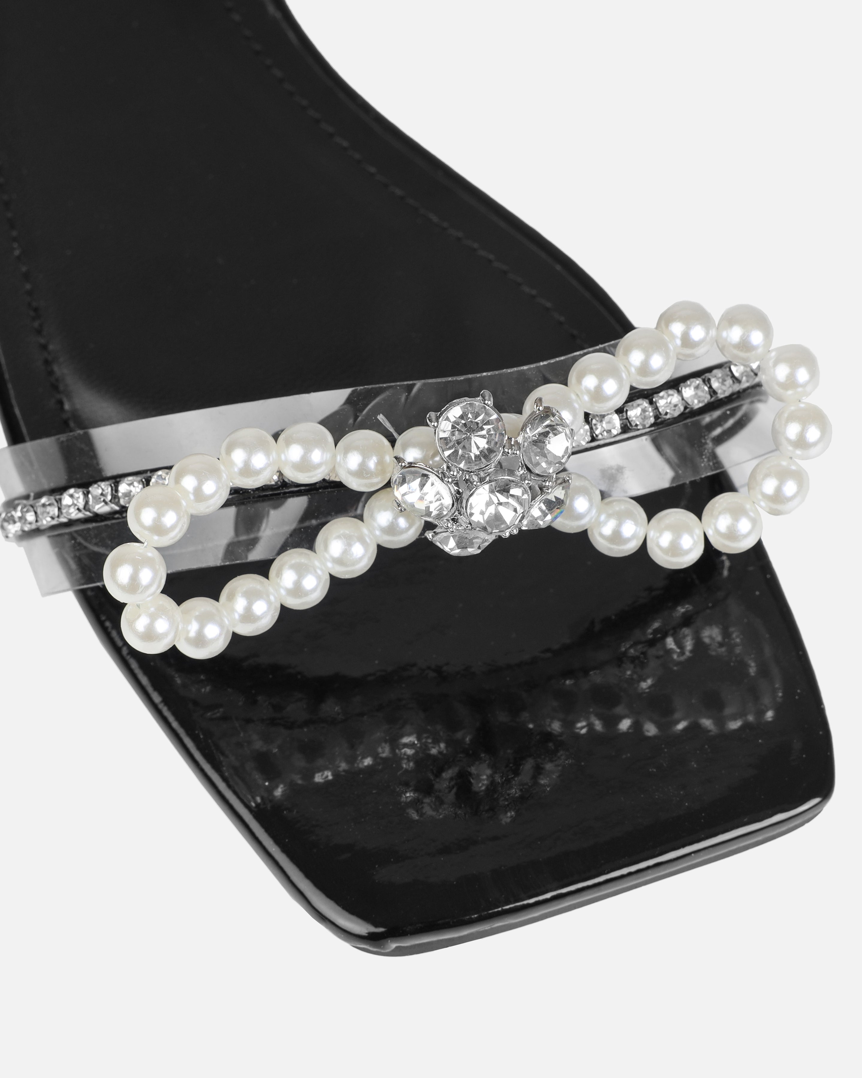 Saturn Black Clear Pearl Bow Lace Up Flat Sandals | SIMMI London