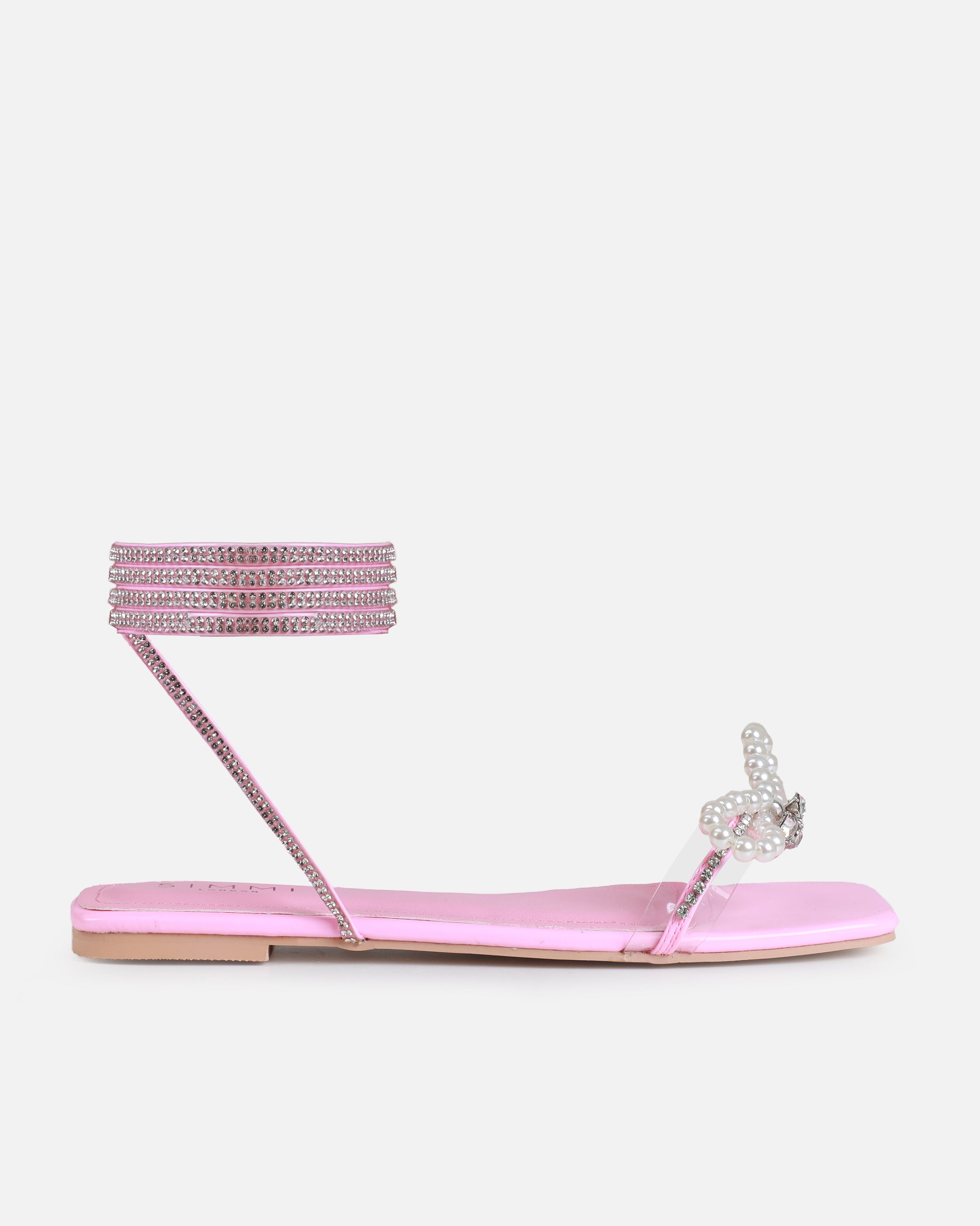 Saturn Pink Clear Pearl Bow Lace Up Flat Sandals | SIMMI London