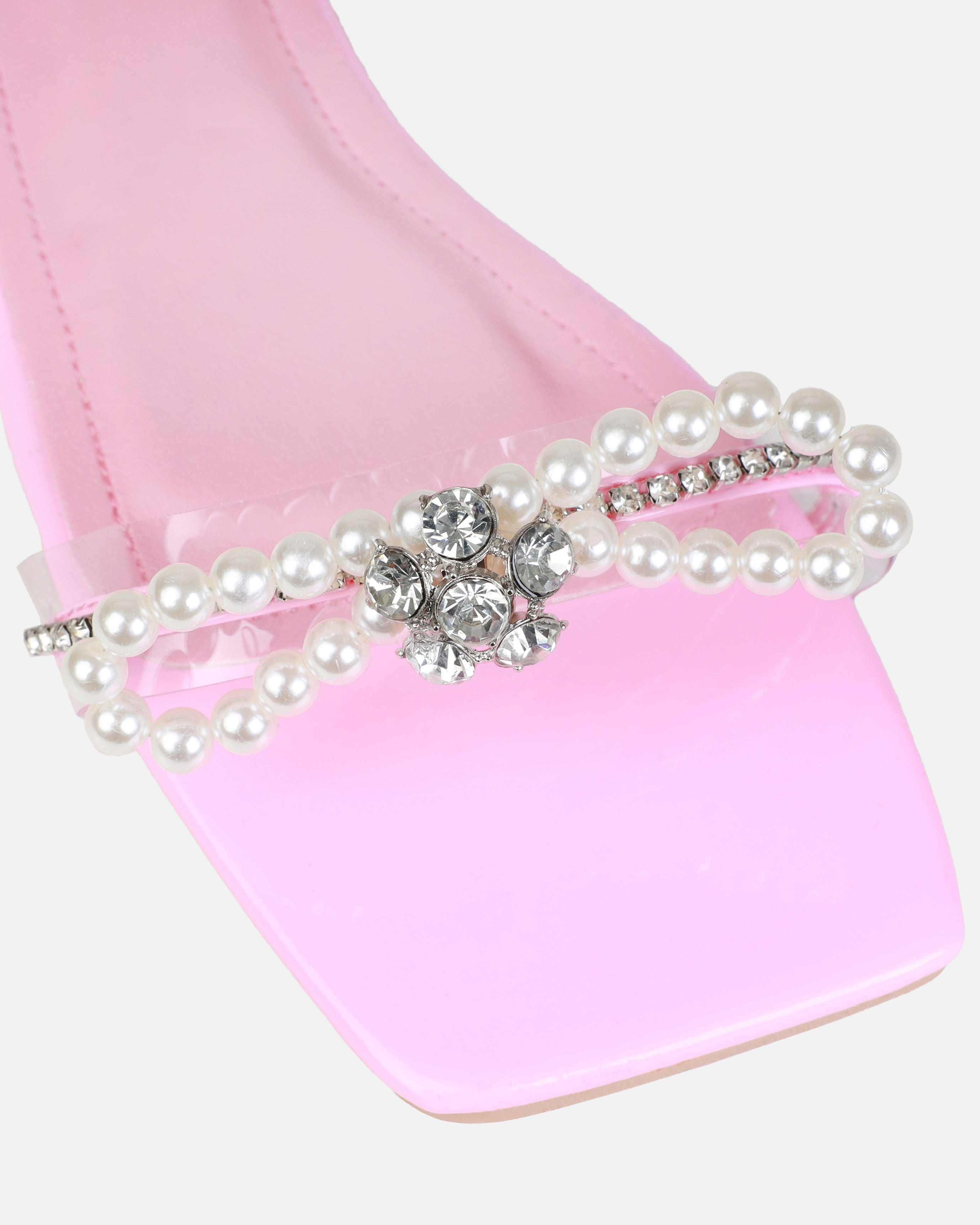 Saturn Pink Clear Pearl Bow Lace Up Flat Sandals | SIMMI London