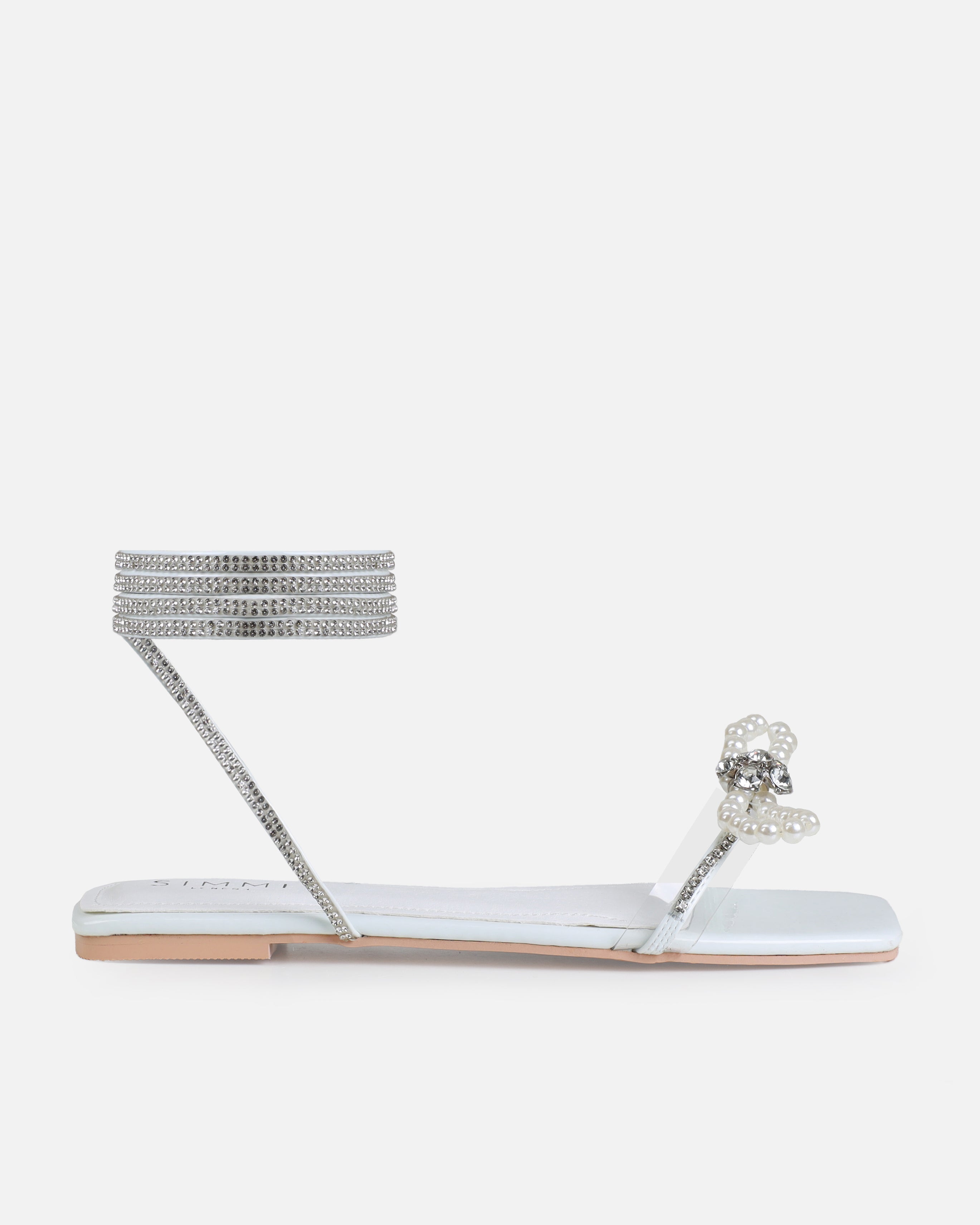 Saturn White Clear Pearl Bow Lace Up Flat Sandals | SIMMI London