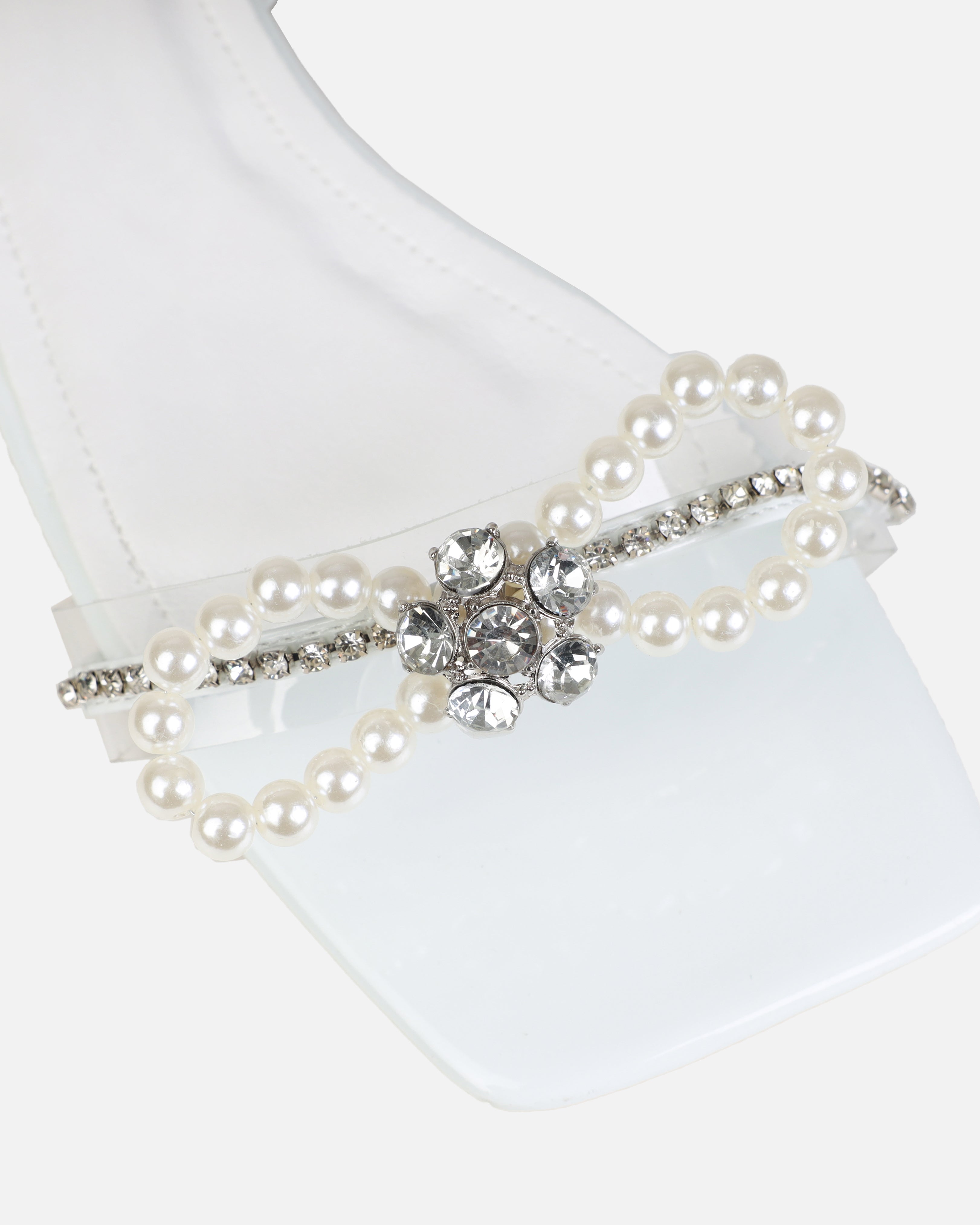 Saturn White Clear Pearl Bow Lace Up Flat Sandals | SIMMI London