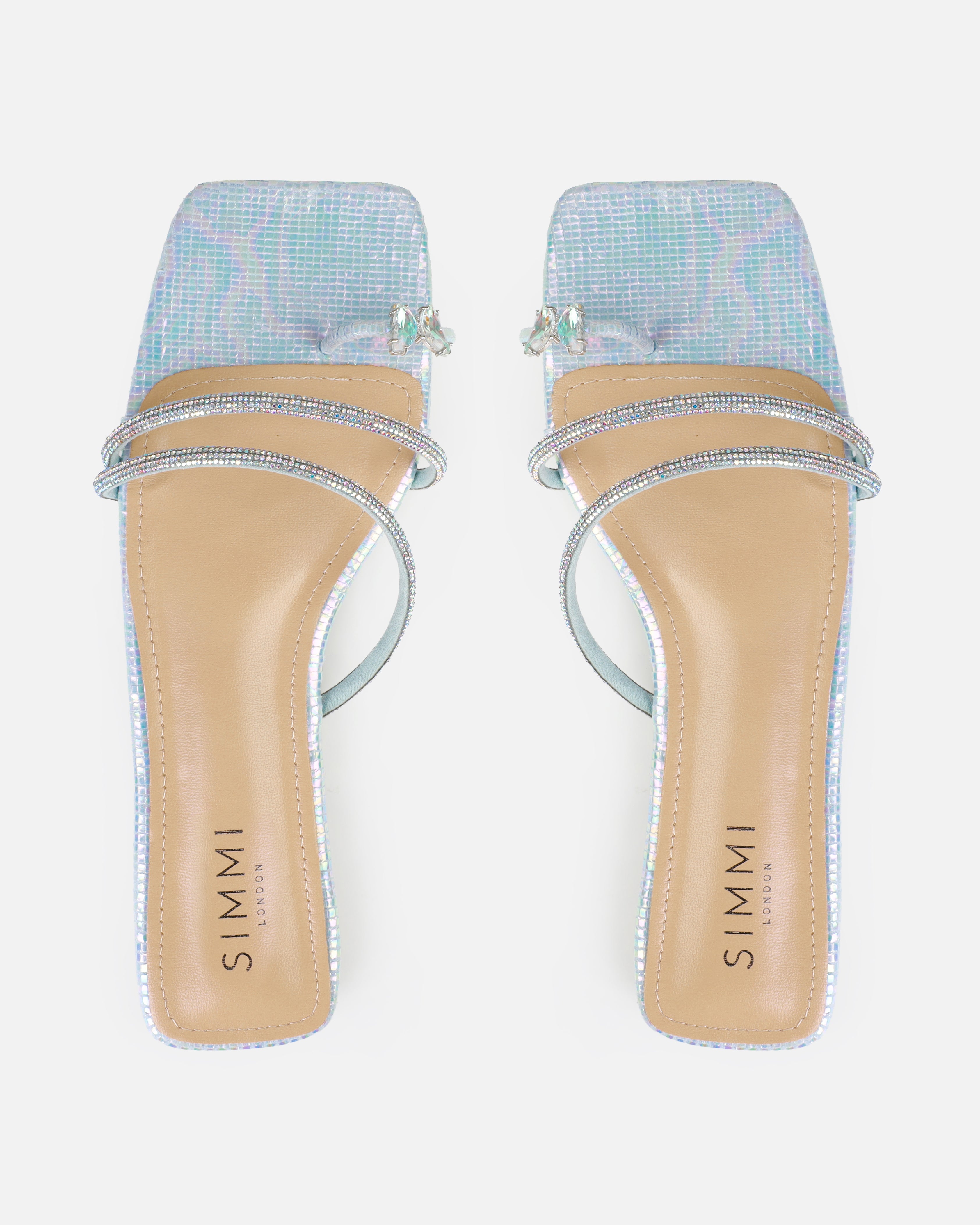 Hanah Blue Butterfly Toe Thong Diamante Flat Sandals | SIMMI London