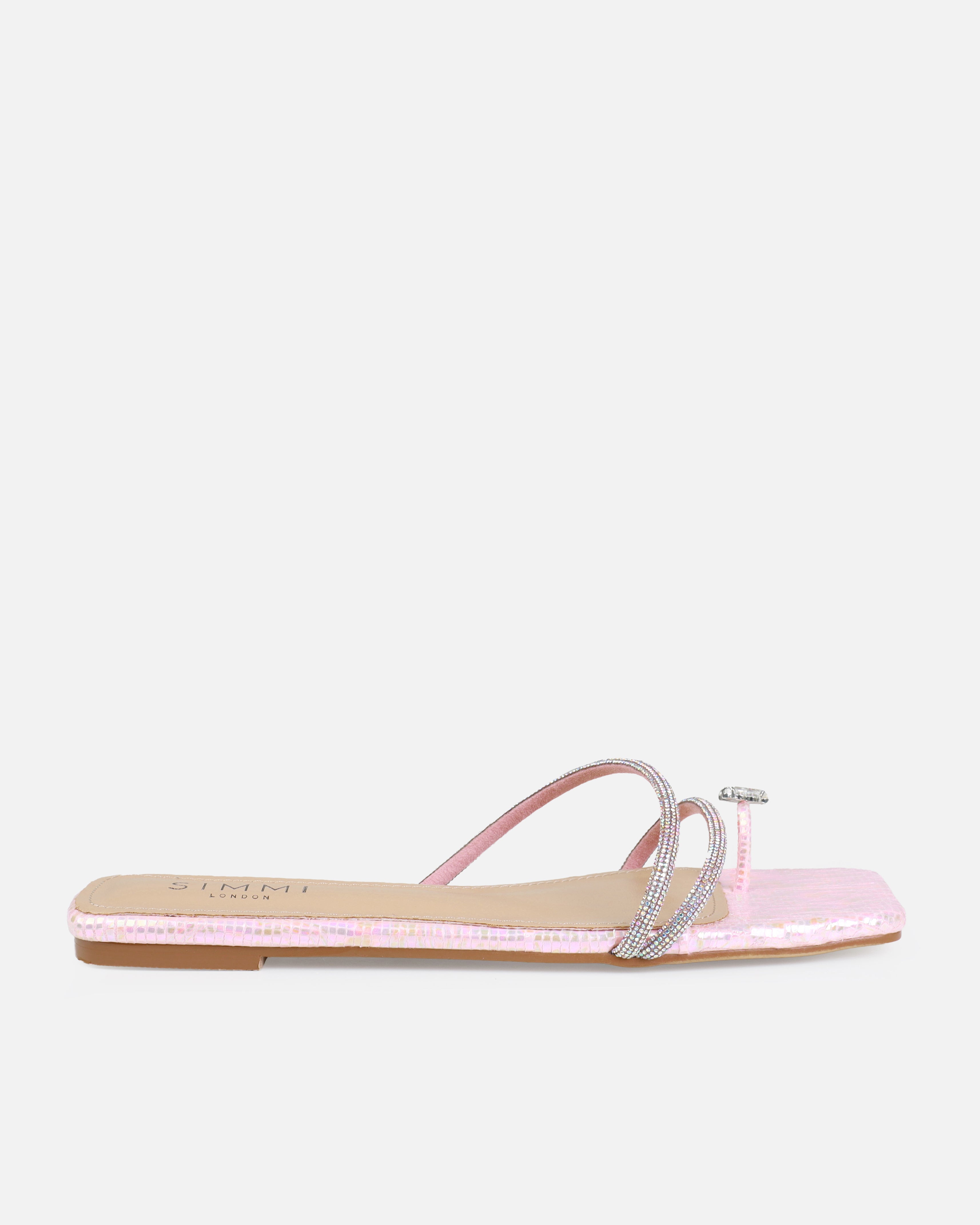 Hanah Pink Butterfly Toe Thong Diamante Flat Sandals | SIMMI London