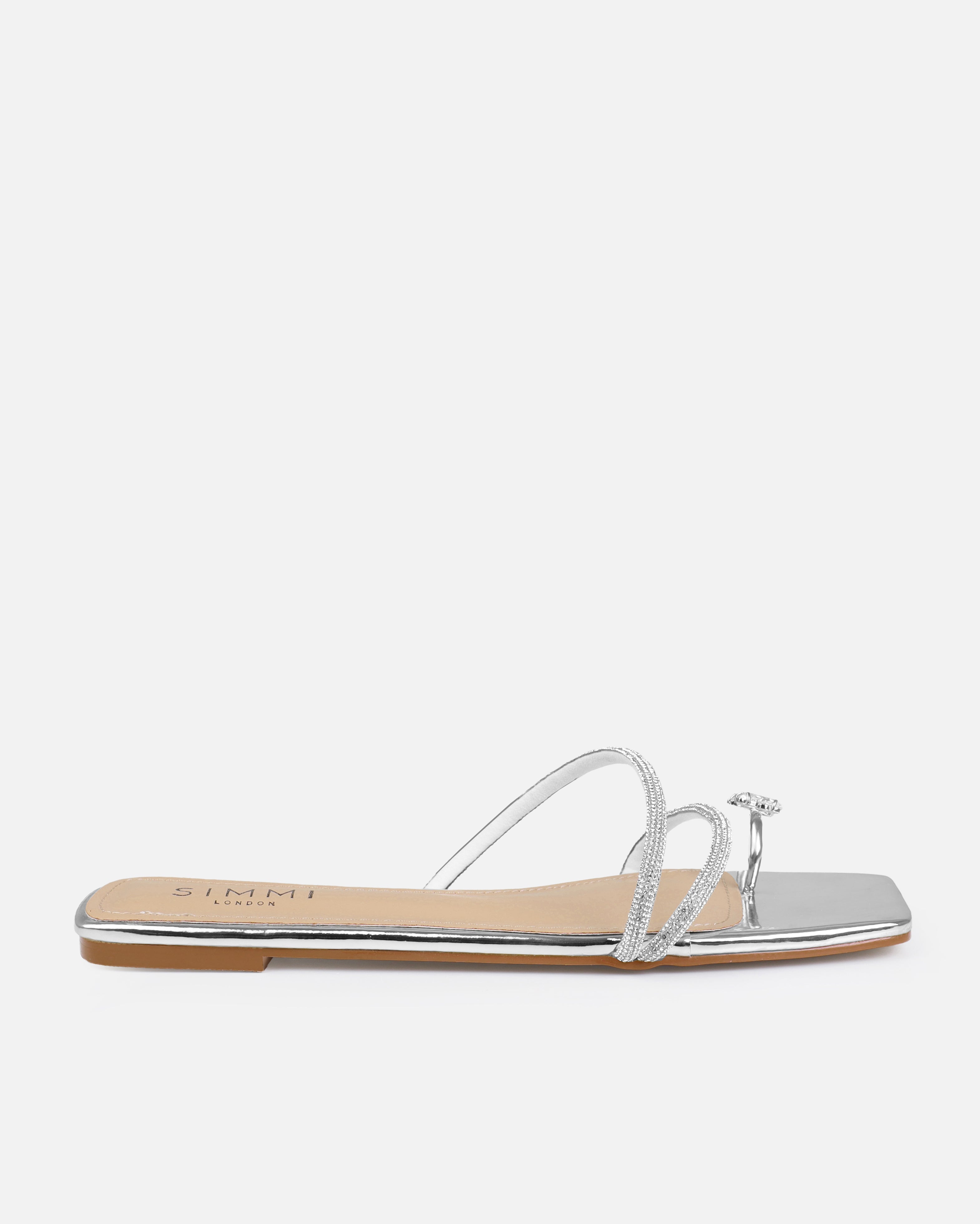 Hanah Silver Butterfly Toe Thong Diamante Flat Sandals | SIMMI London