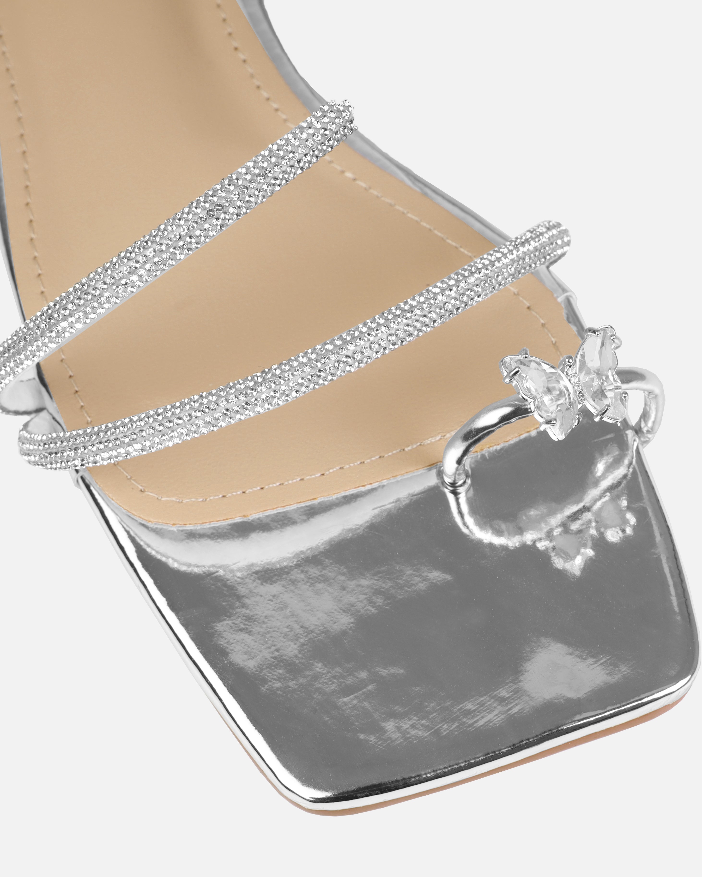 Hanah Silver Butterfly Toe Thong Diamante Flat Sandals | SIMMI London