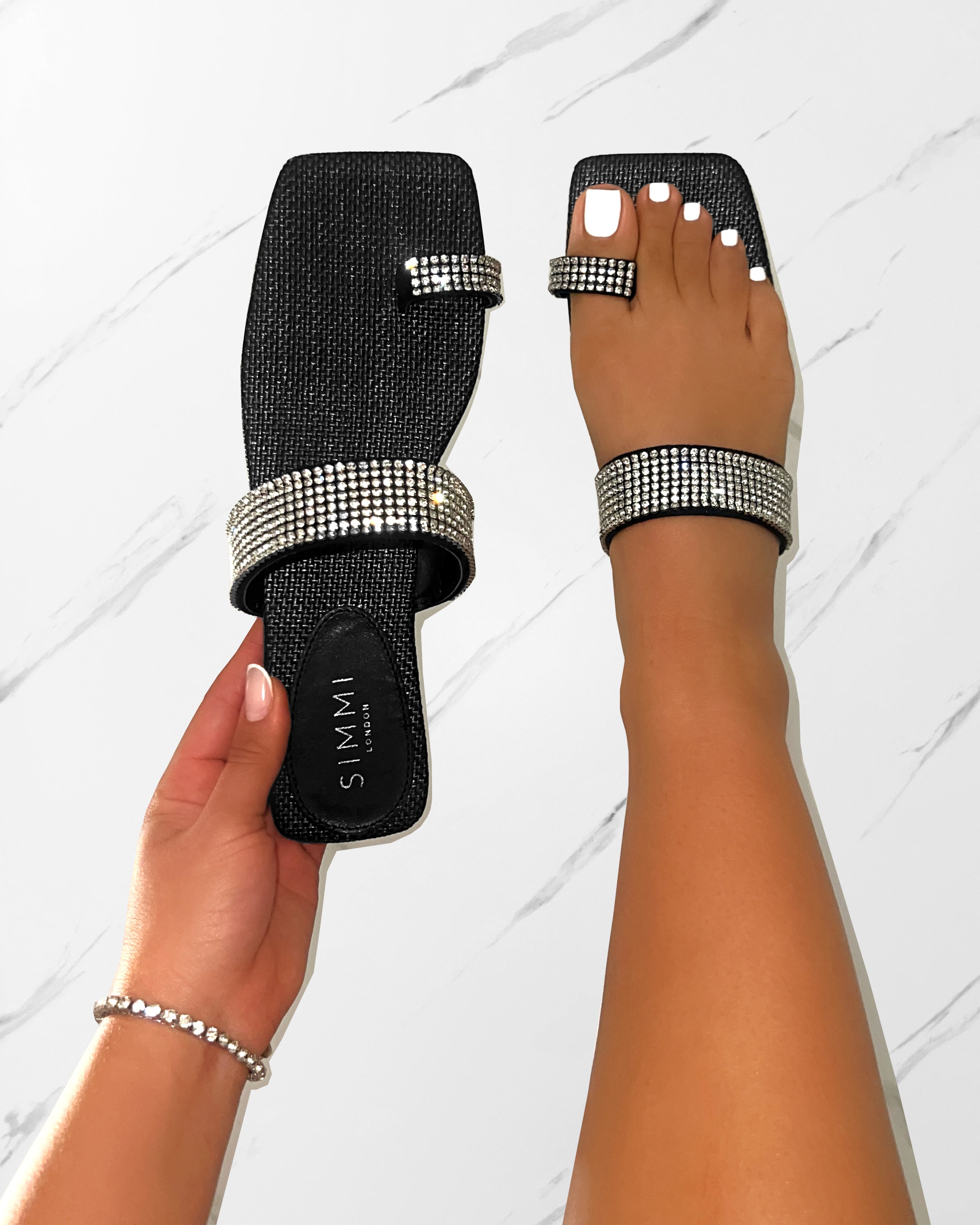 Petula Black Raffia Diamante Toe Loop Flat Sandals | SIMMI London