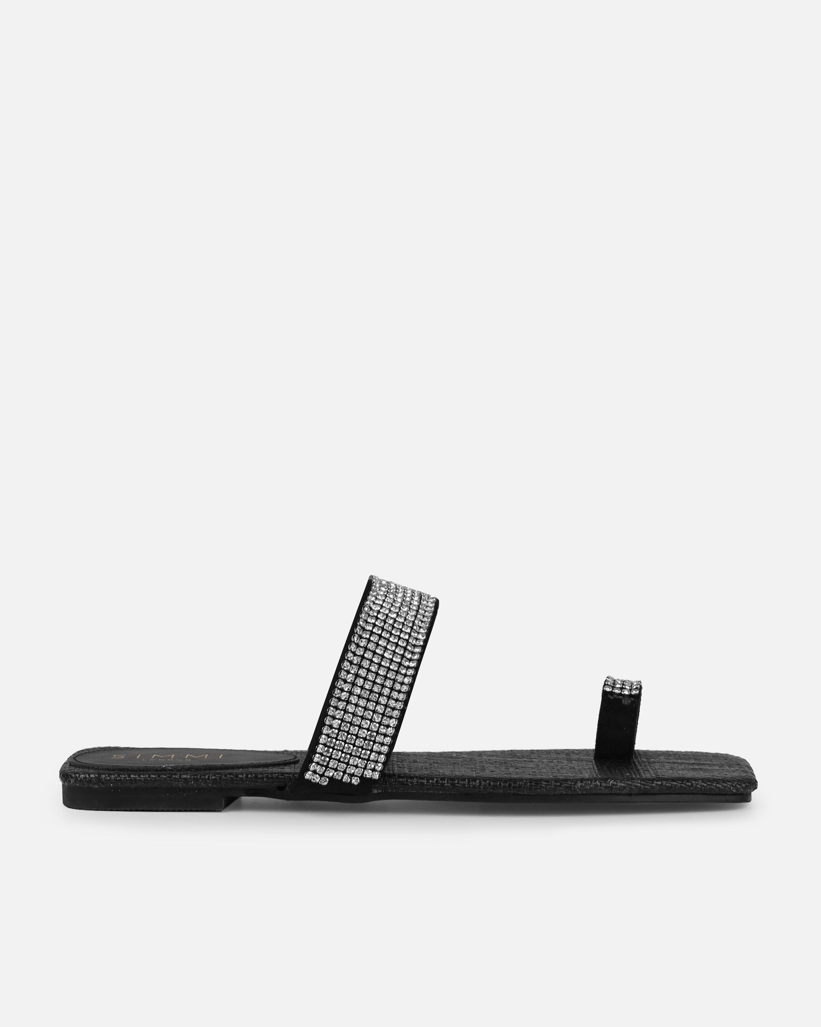 Petula Black Raffia Diamante Toe Loop Flat Sandals | SIMMI London
