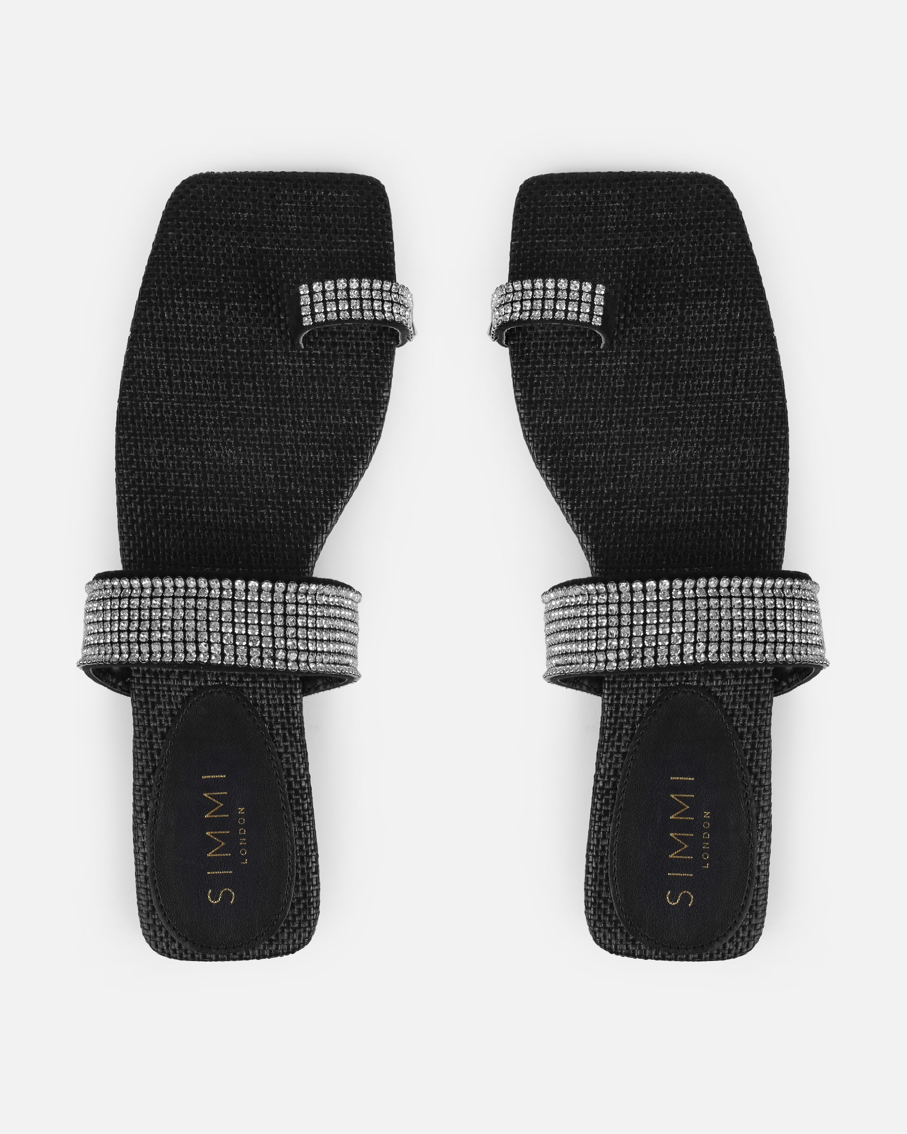 Petula Black Raffia Diamante Toe Loop Flat Sandals | SIMMI London