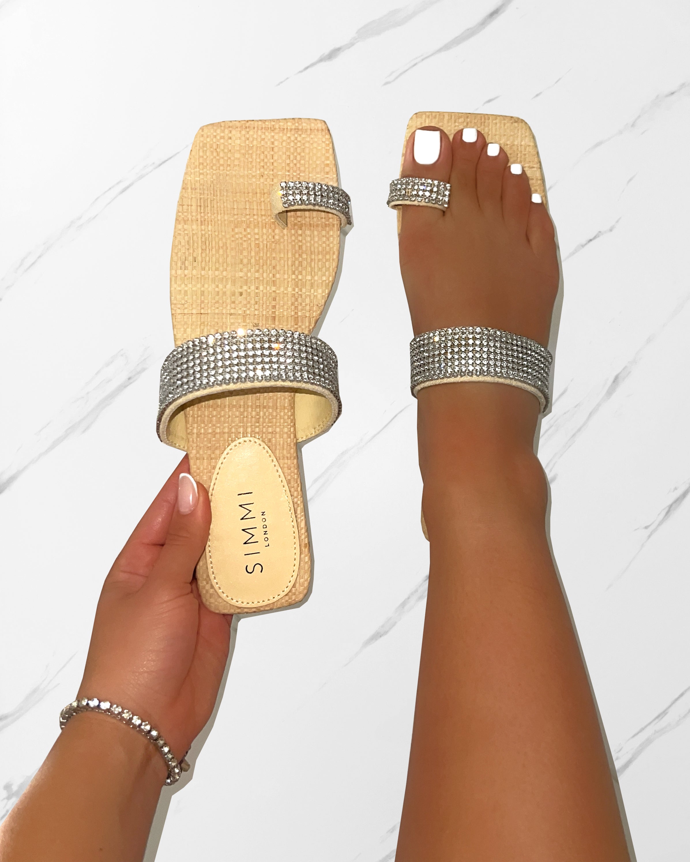 Petula Natural Raffia Diamante Toe Loop Flat Sandals | SIMMI London