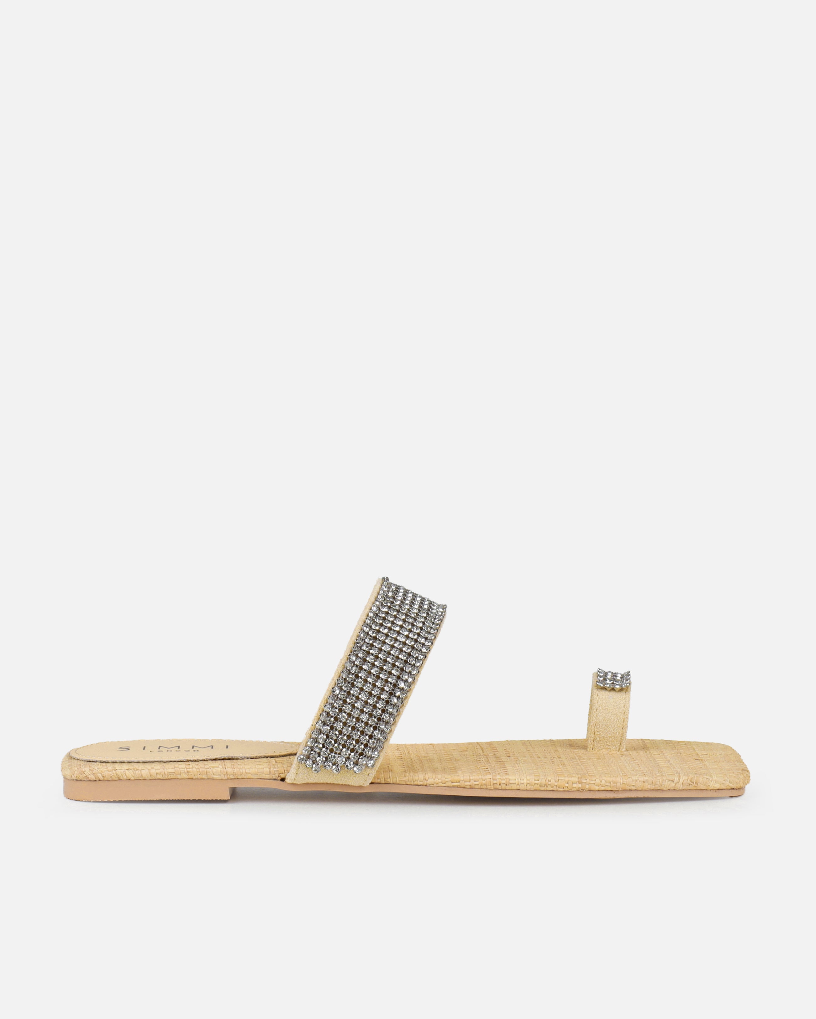 Petula Natural Raffia Diamante Toe Loop Flat Sandals | SIMMI London