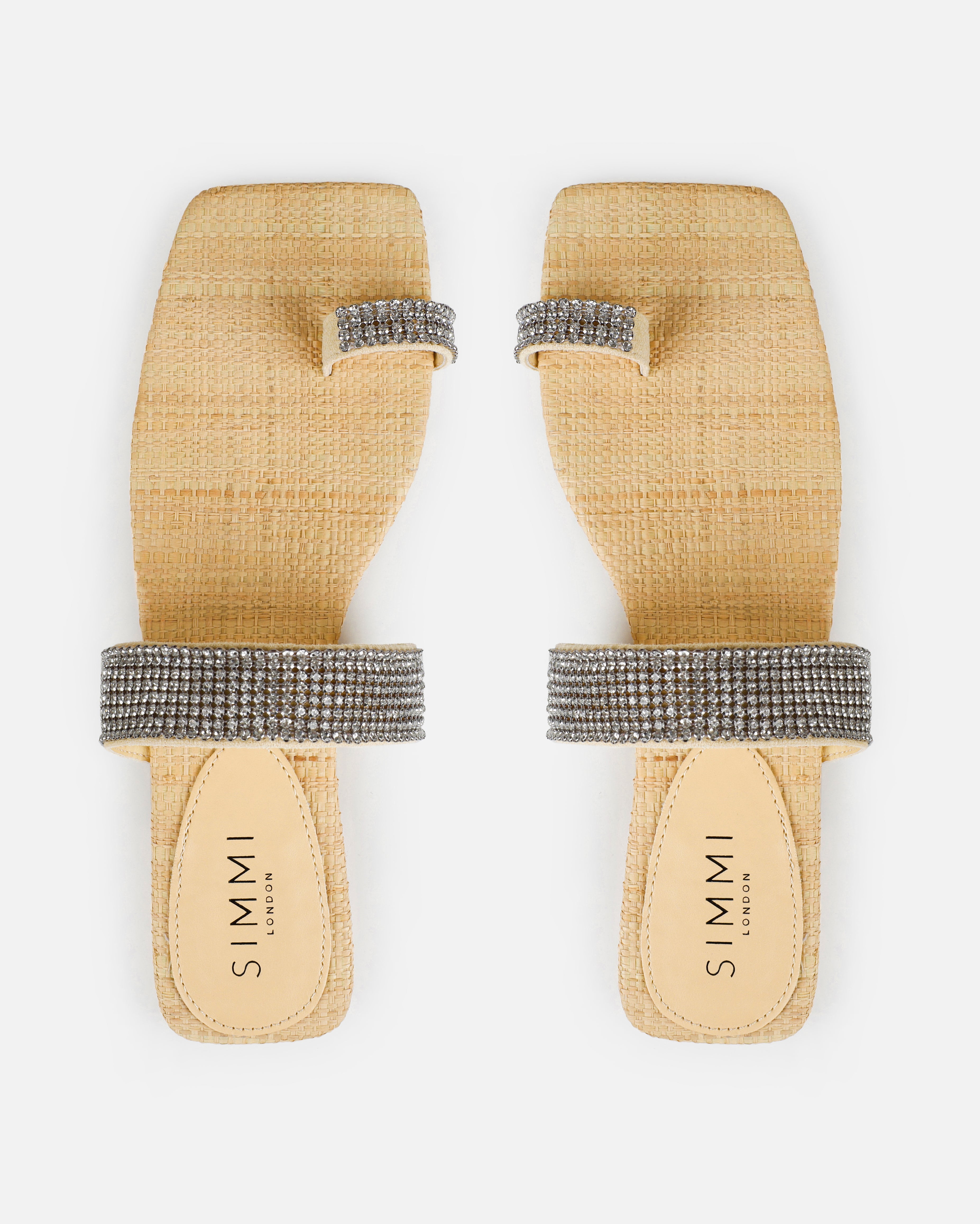 Petula Natural Raffia Diamante Toe Loop Flat Sandals | SIMMI London