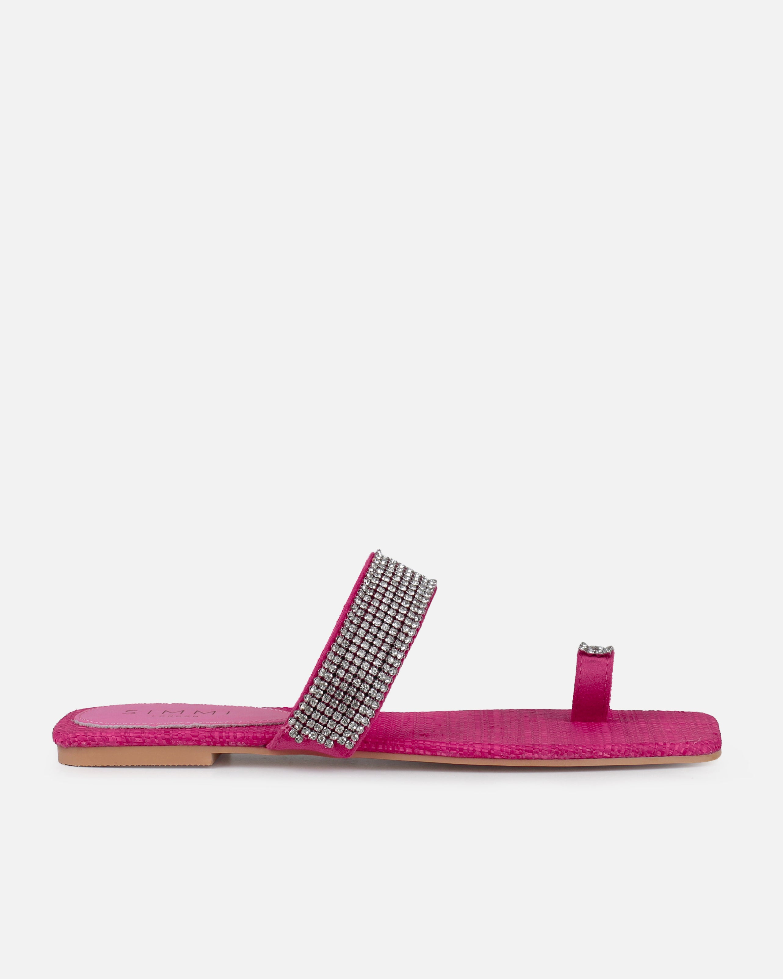 Petula Pink Raffia Diamante Toe Loop Flat Sandals | SIMMI London