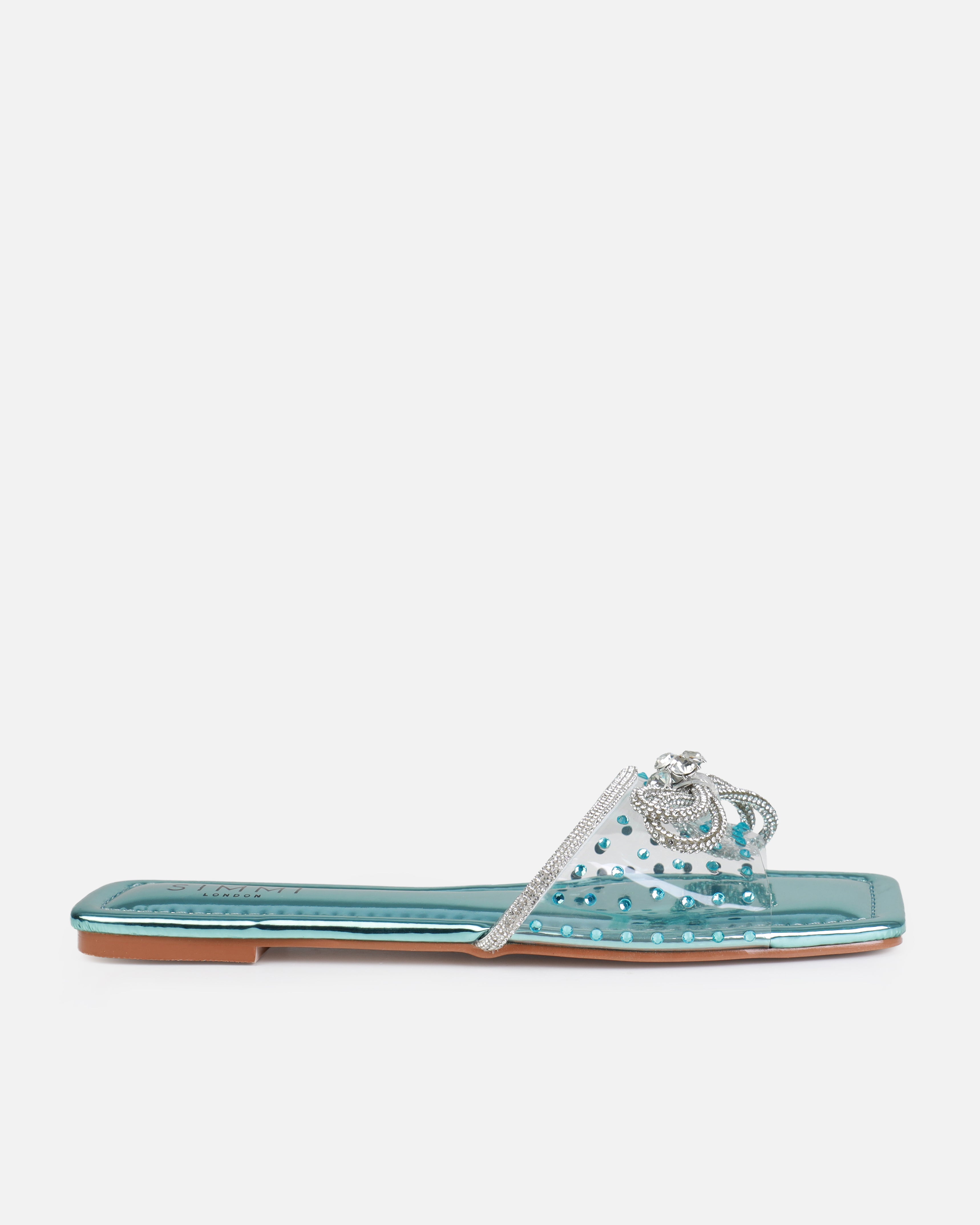 Senga Blue Diamante Bow Flat Sandals | SIMMI London