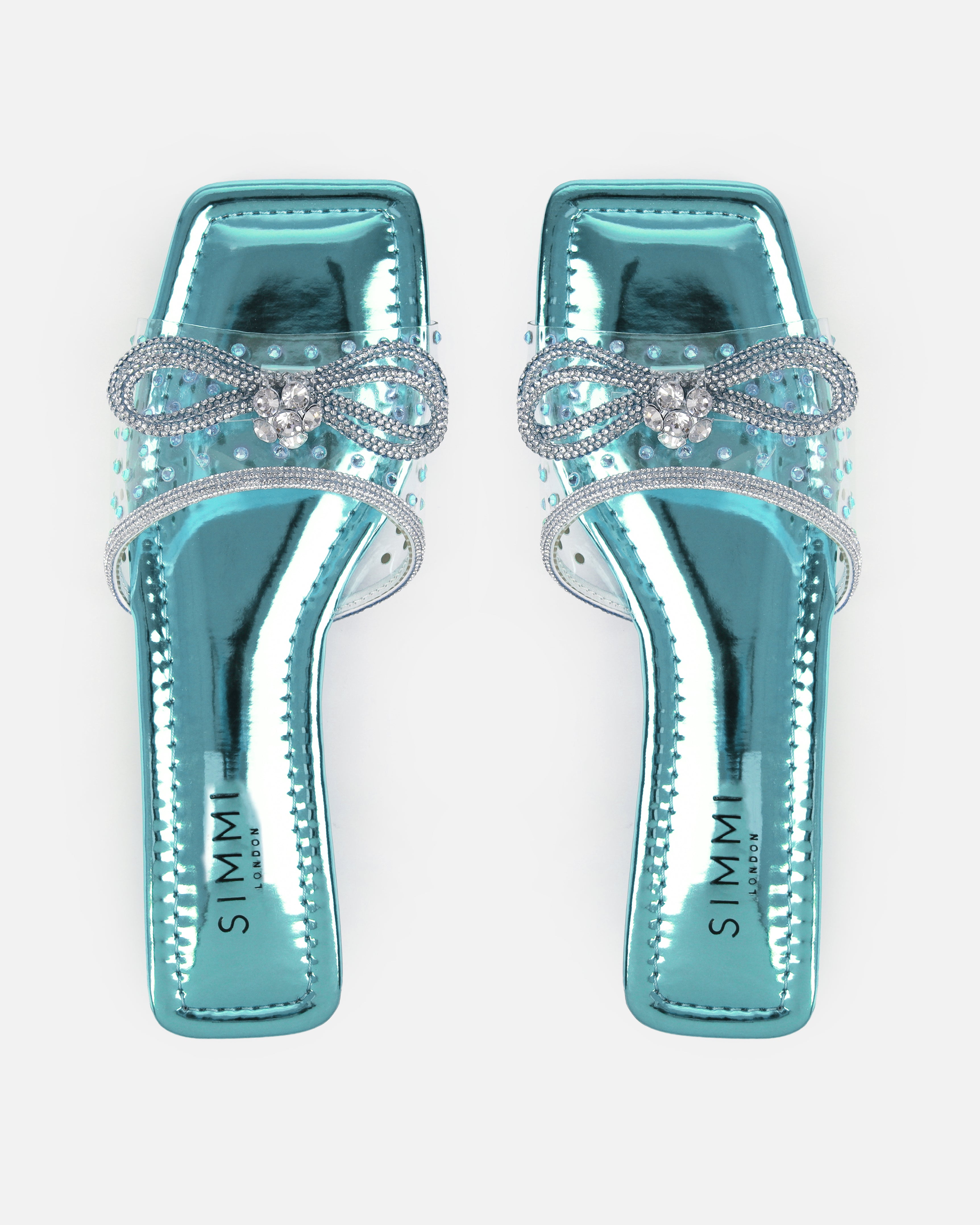 Senga Blue Diamante Bow Flat Sandals | SIMMI London
