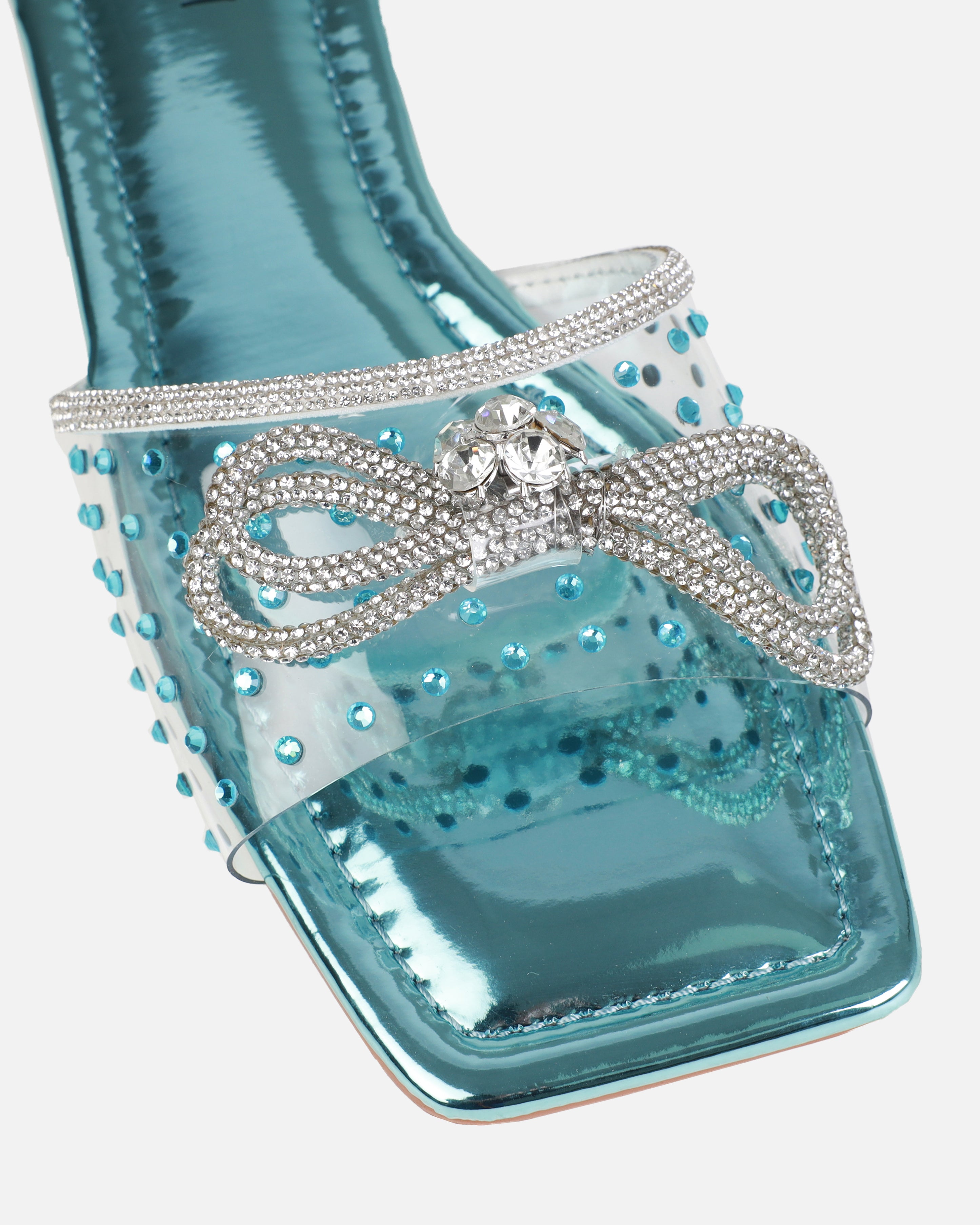 Senga Blue Diamante Bow Flat Sandals | SIMMI London