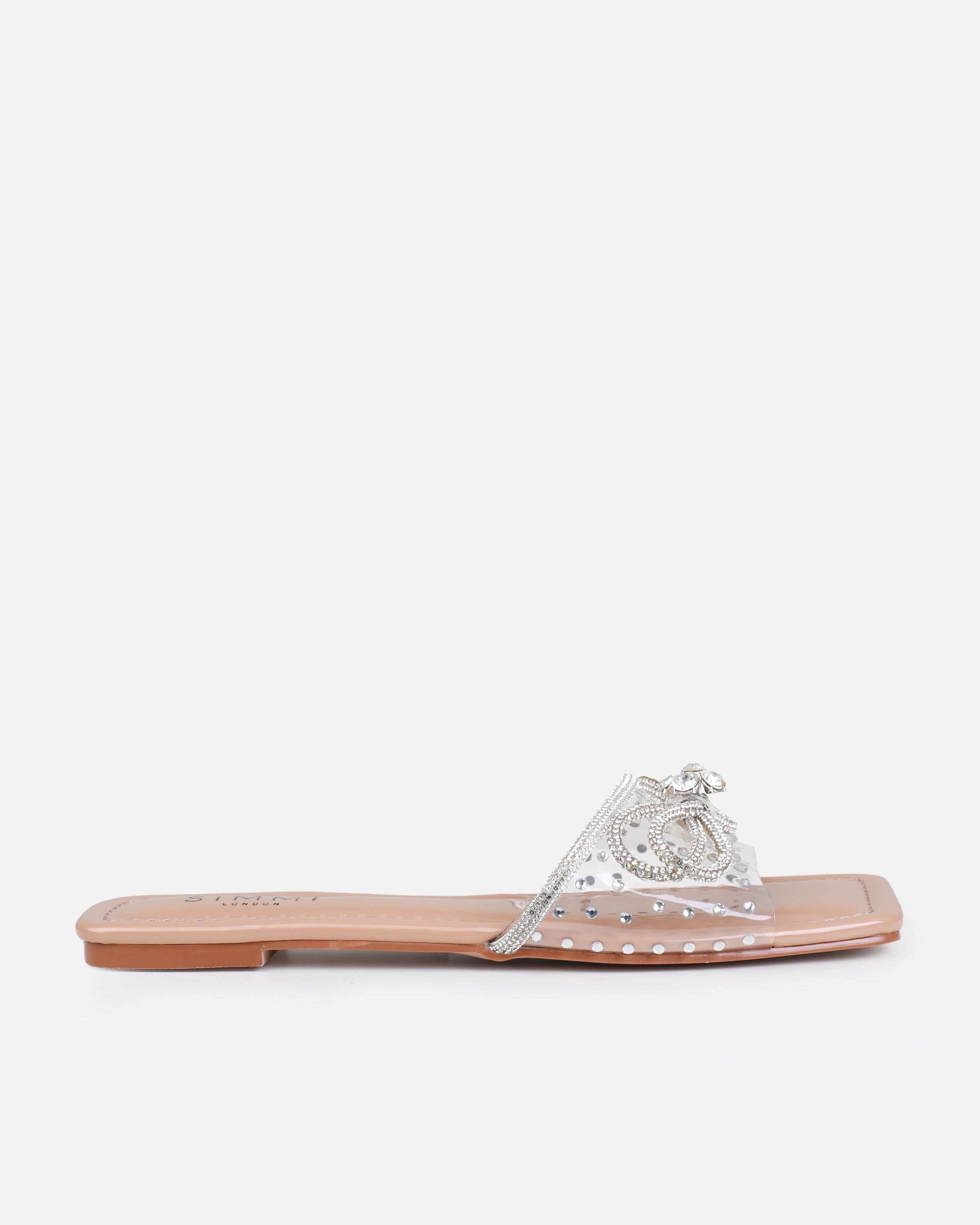 Senga Nude Diamante Bow Flat Sandals | SIMMI London