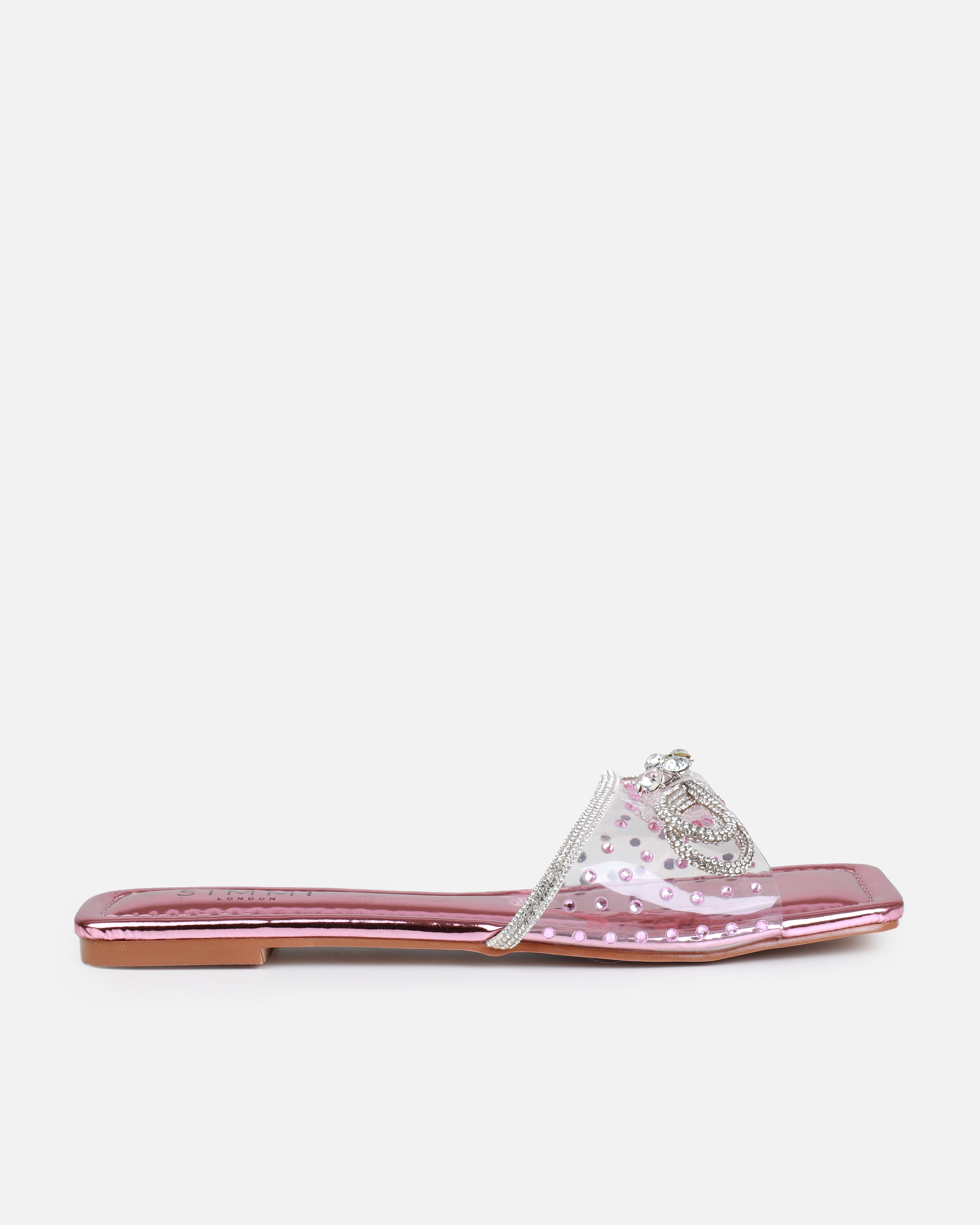 Senga Pink Diamante Bow Flat Sandals | SIMMI London