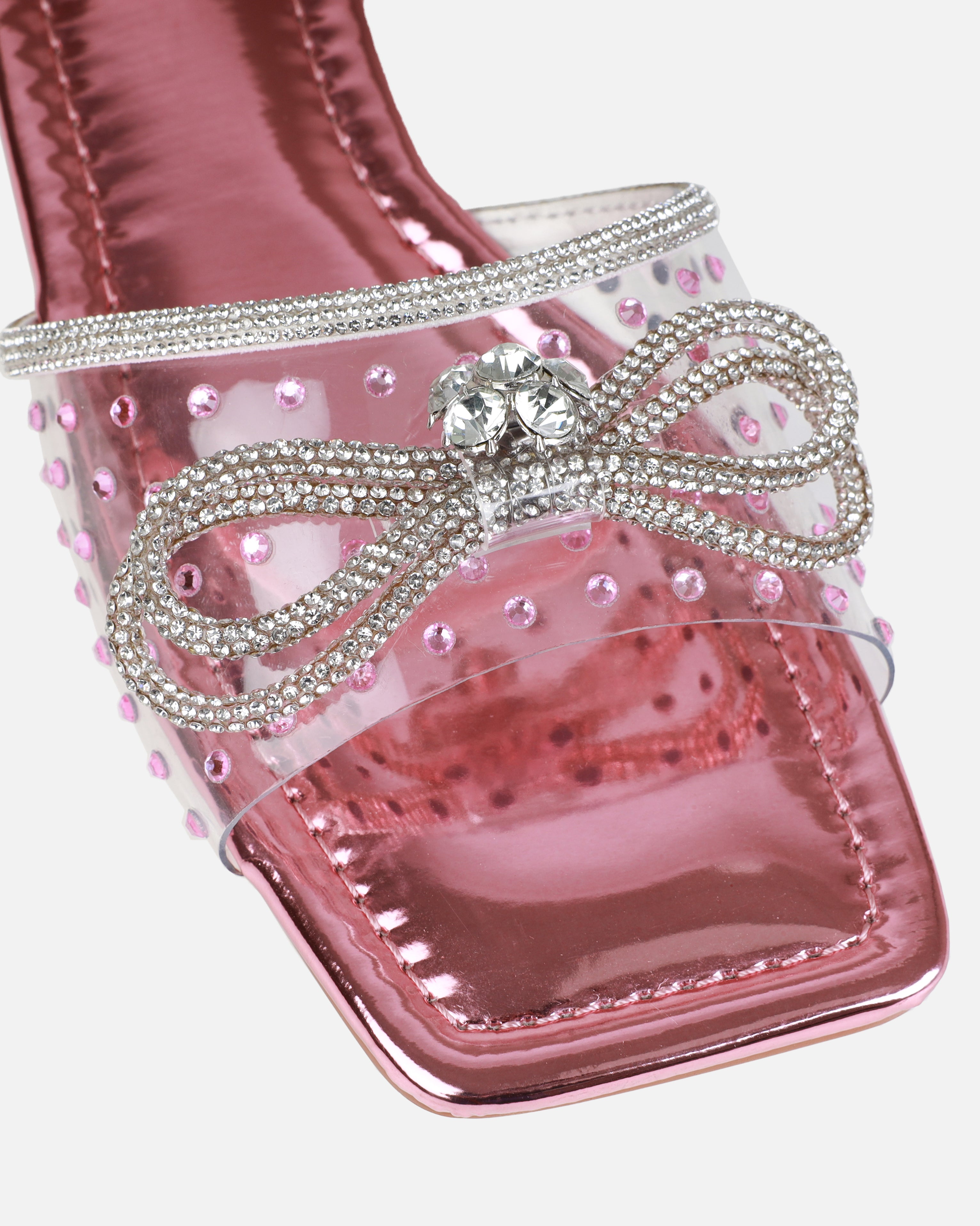 Senga Pink Diamante Bow Flat Sandals | SIMMI London