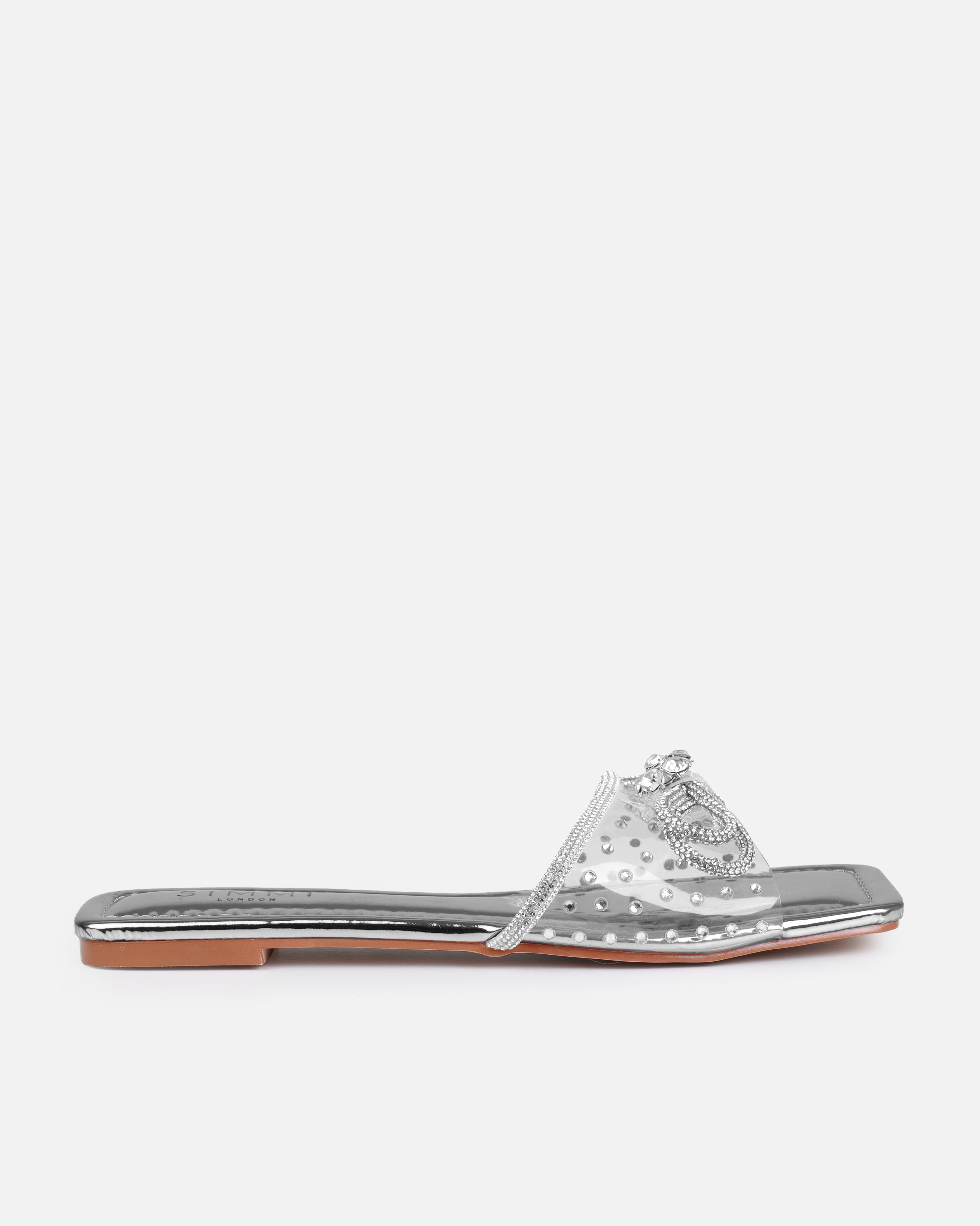 Senga Silver Diamante Bow Flat Sandals | SIMMI London