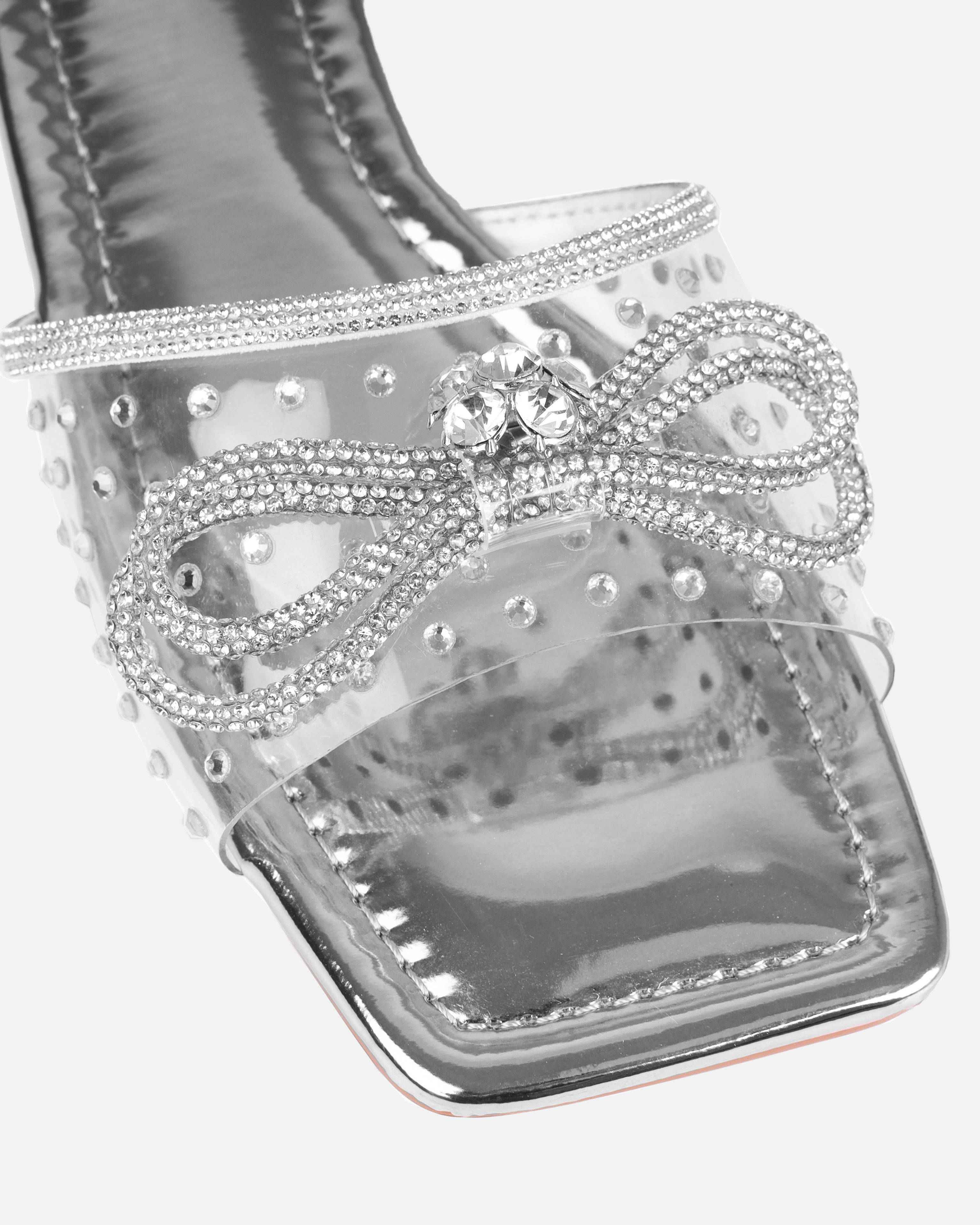 Senga Silver Diamante Bow Flat Sandals | SIMMI London