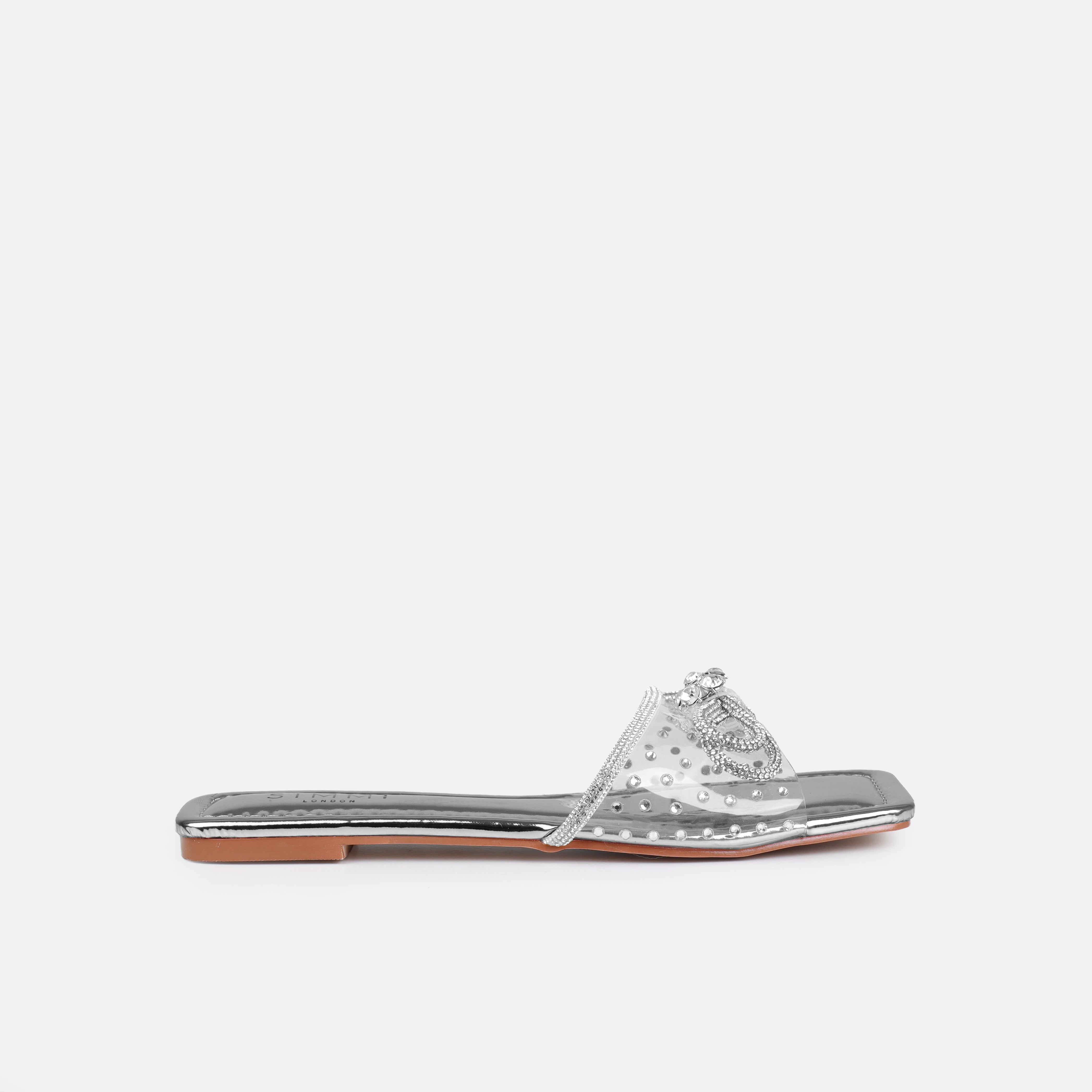 Senga Wide Fit Silver Diamante Bow Flat Sandals | SIMMI London