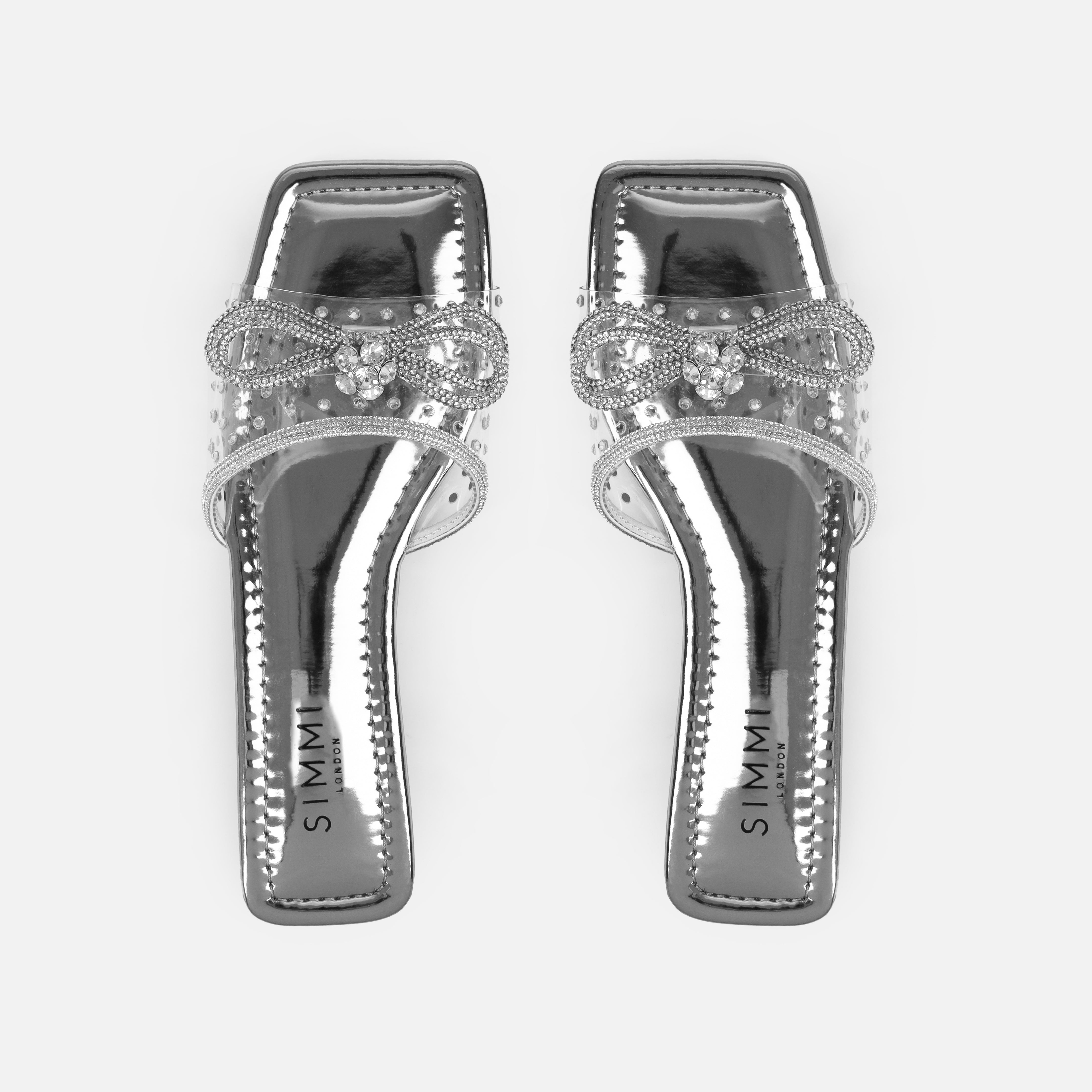 Senga Wide Fit Silver Diamante Bow Flat Sandals | SIMMI London