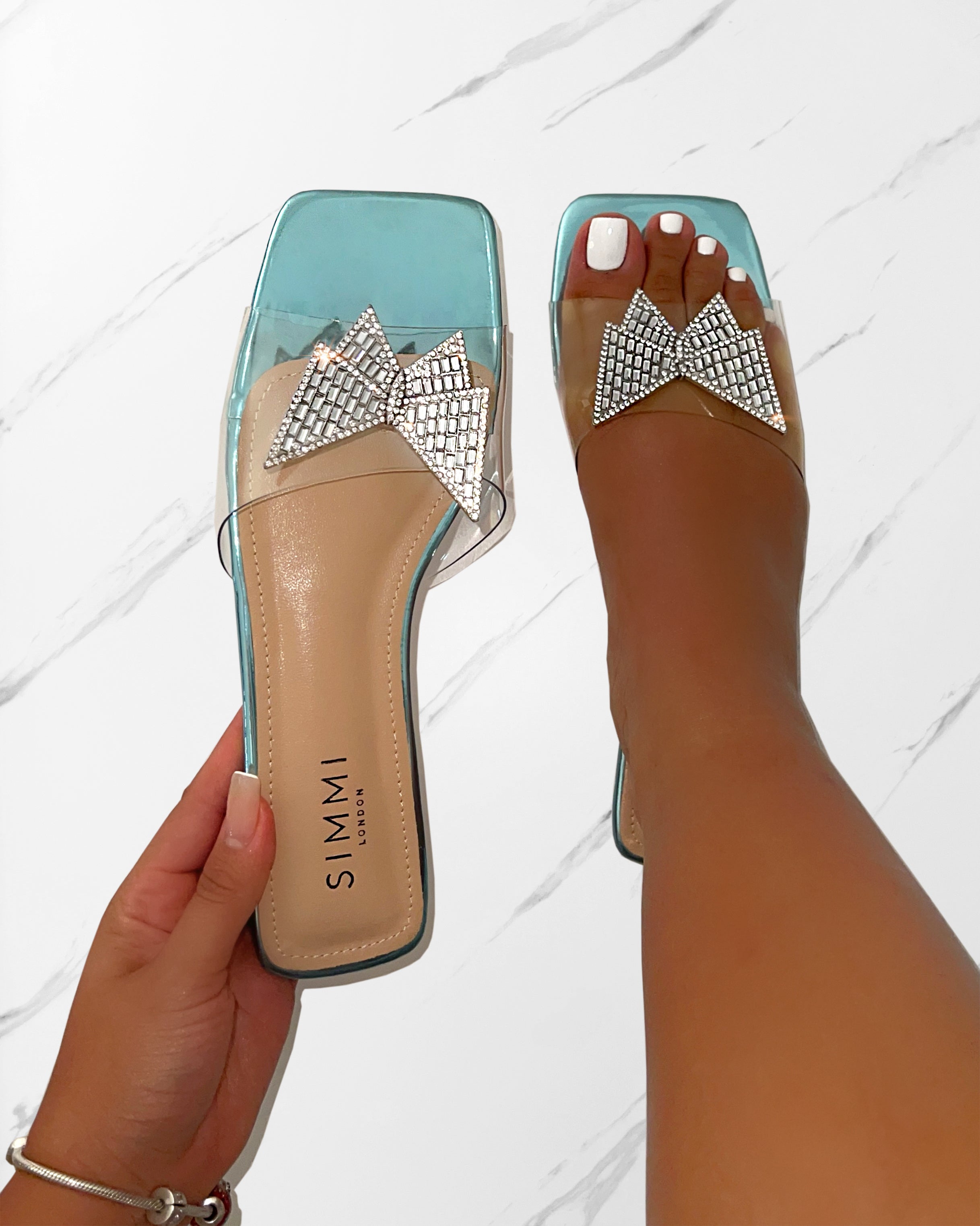 Uma Blue Clear Diamante Butterfly Flat Sandals | SIMMI London