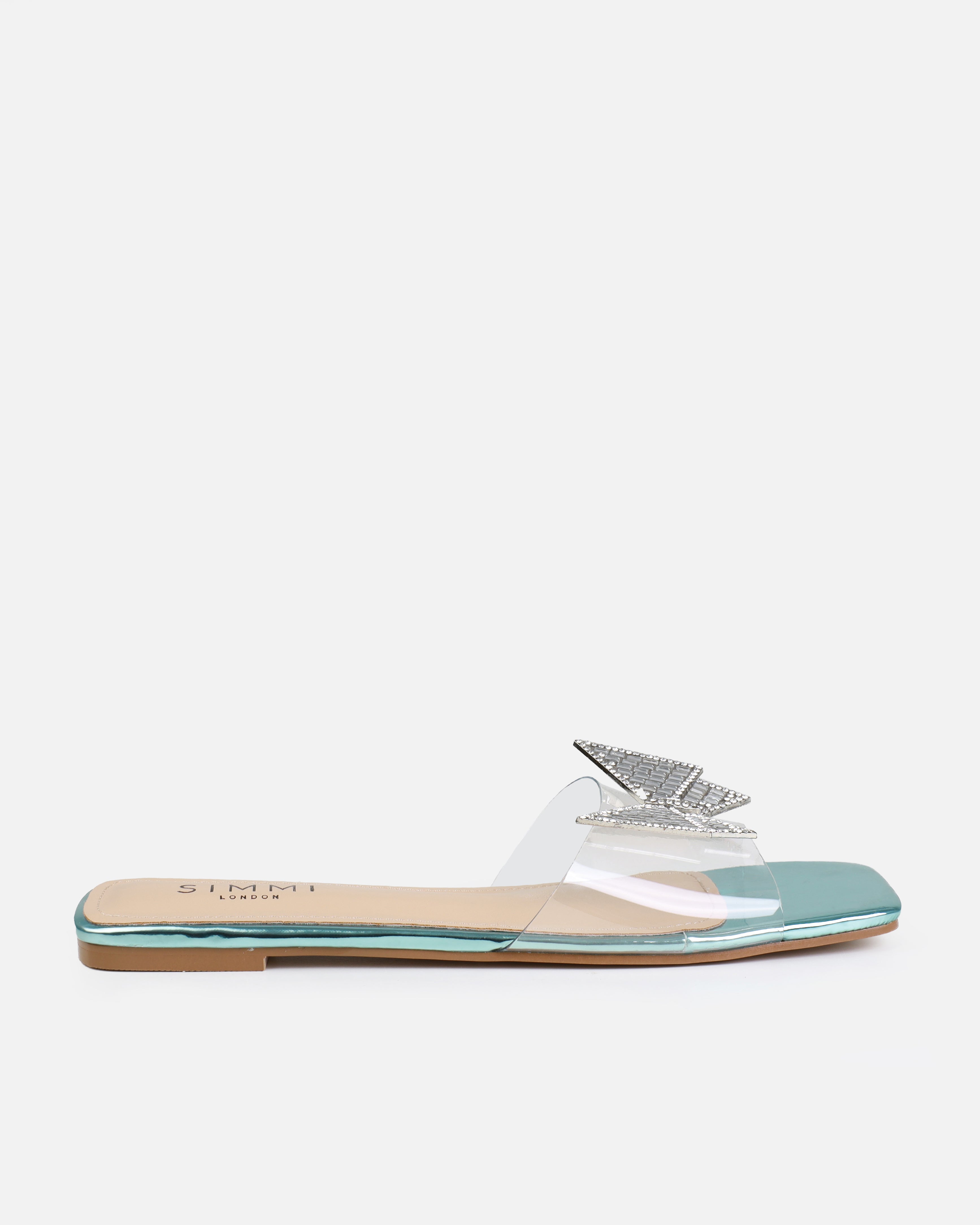 Uma Blue Clear Diamante Butterfly Flat Sandals | SIMMI London
