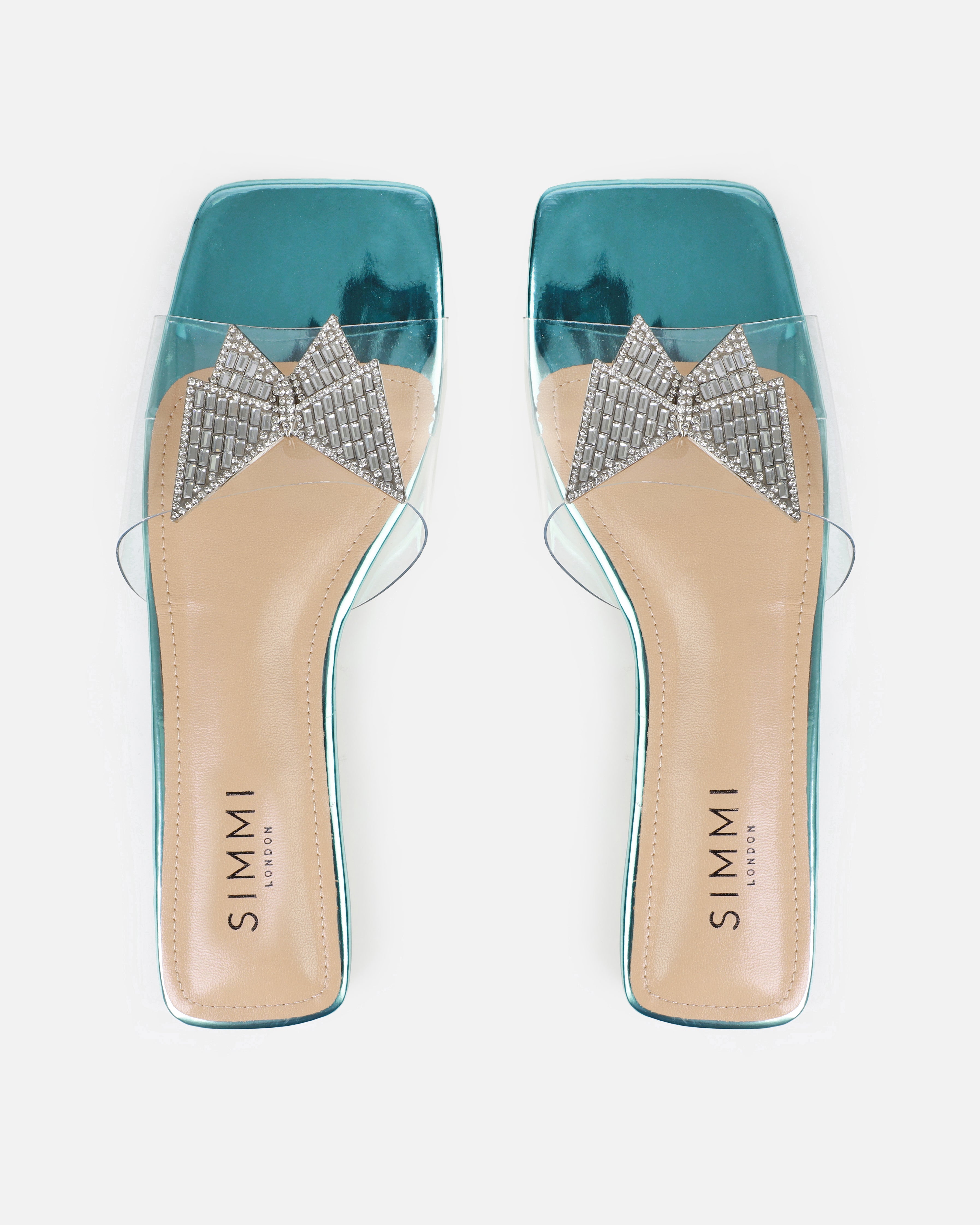 Uma Blue Clear Diamante Butterfly Flat Sandals | SIMMI London