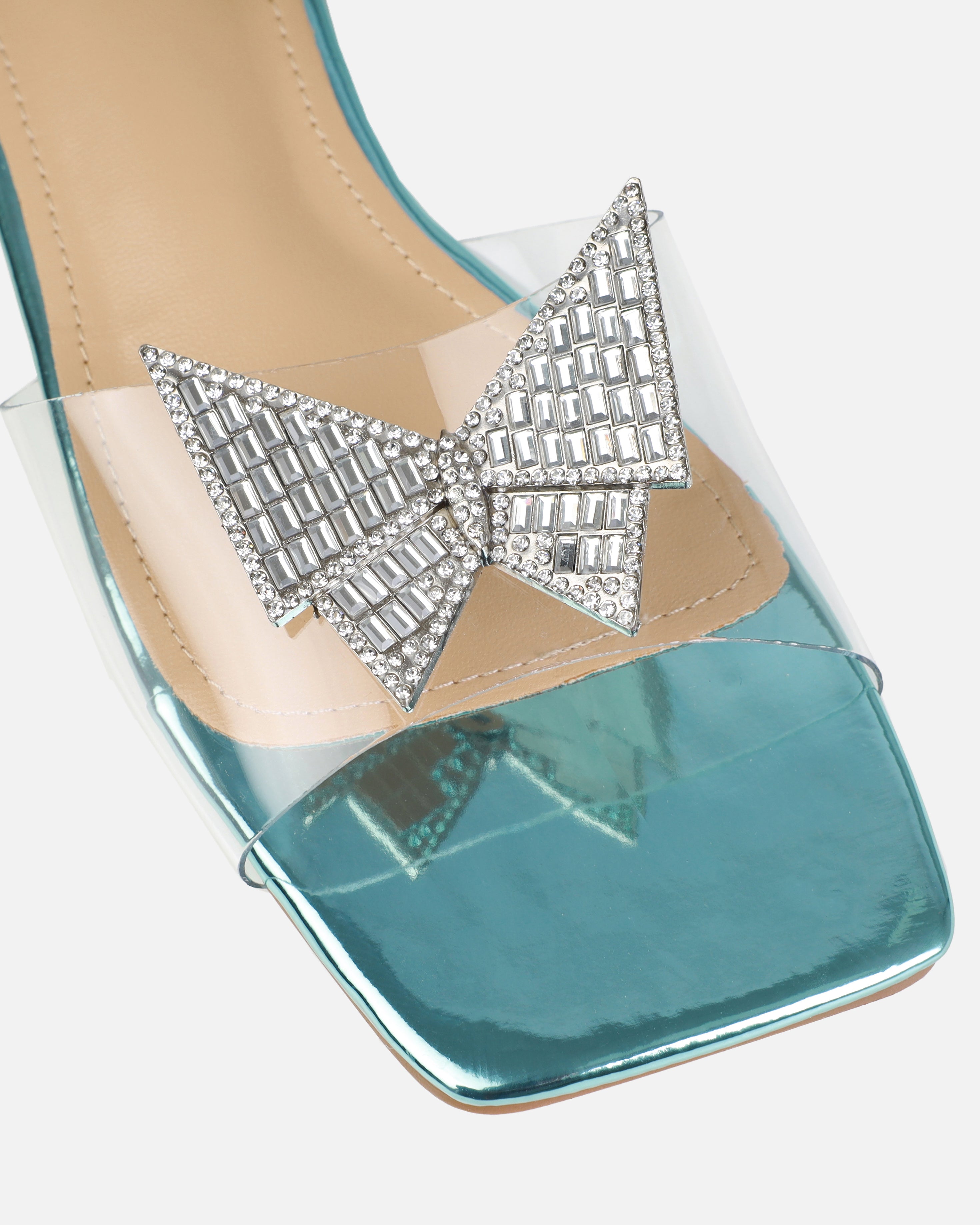 Uma Blue Clear Diamante Butterfly Flat Sandals | SIMMI London