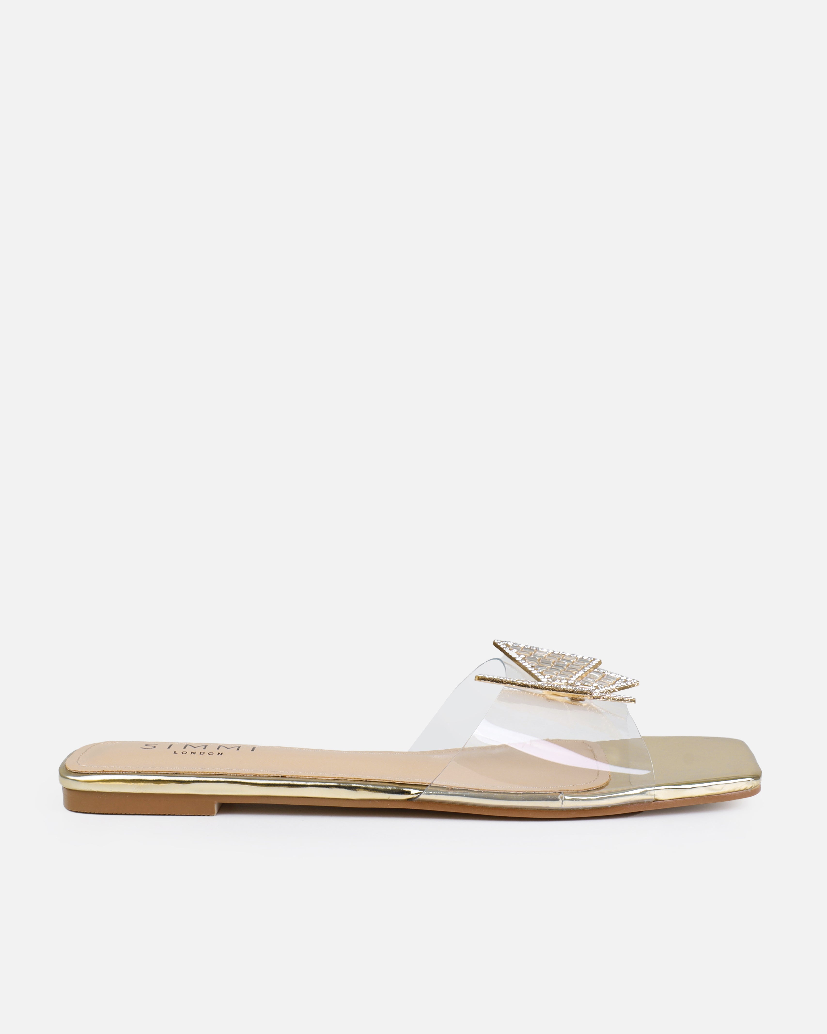 Uma Gold Clear Diamante Butterfly Flat Sandals | SIMMI London