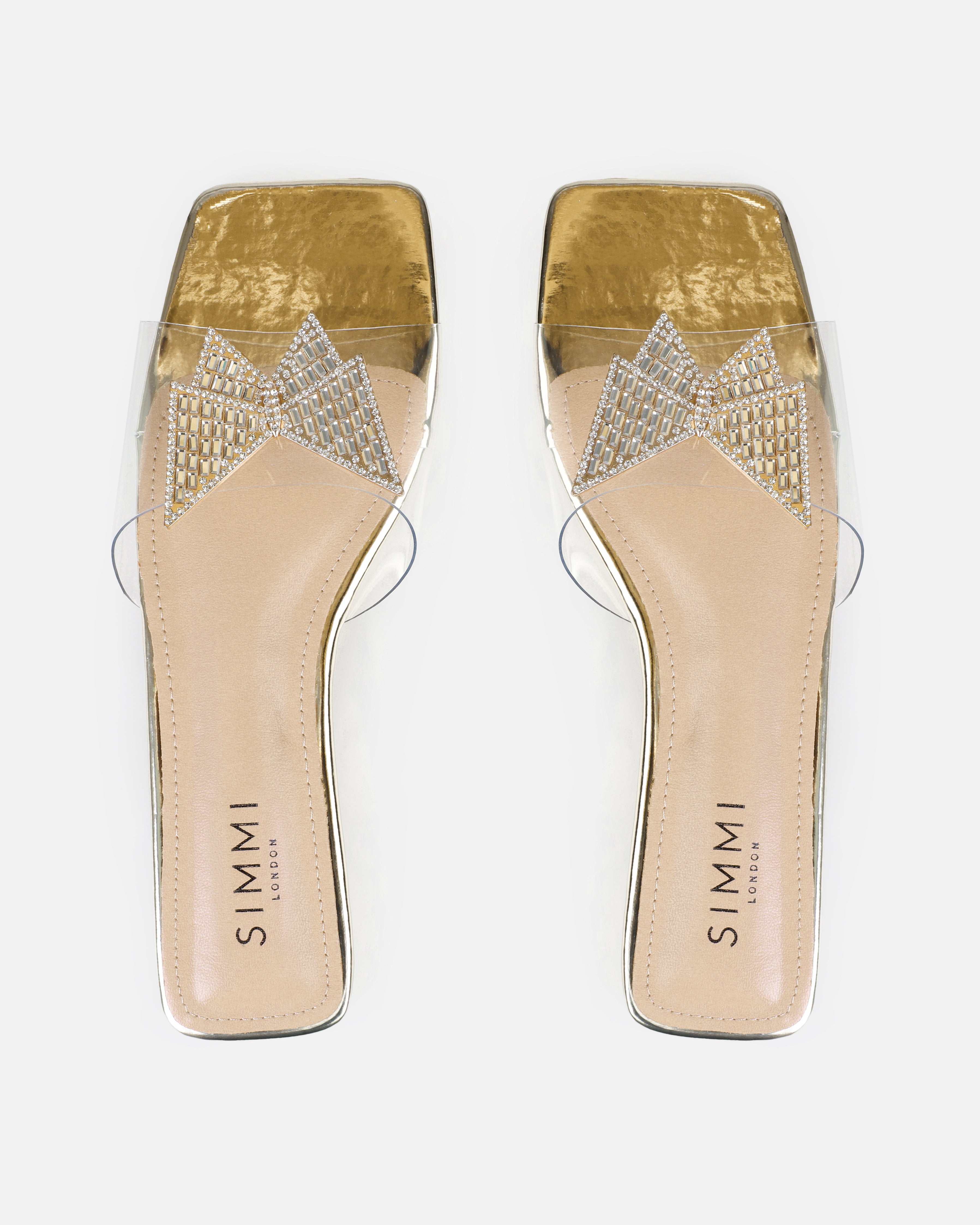 Uma Gold Clear Diamante Butterfly Flat Sandals | SIMMI London