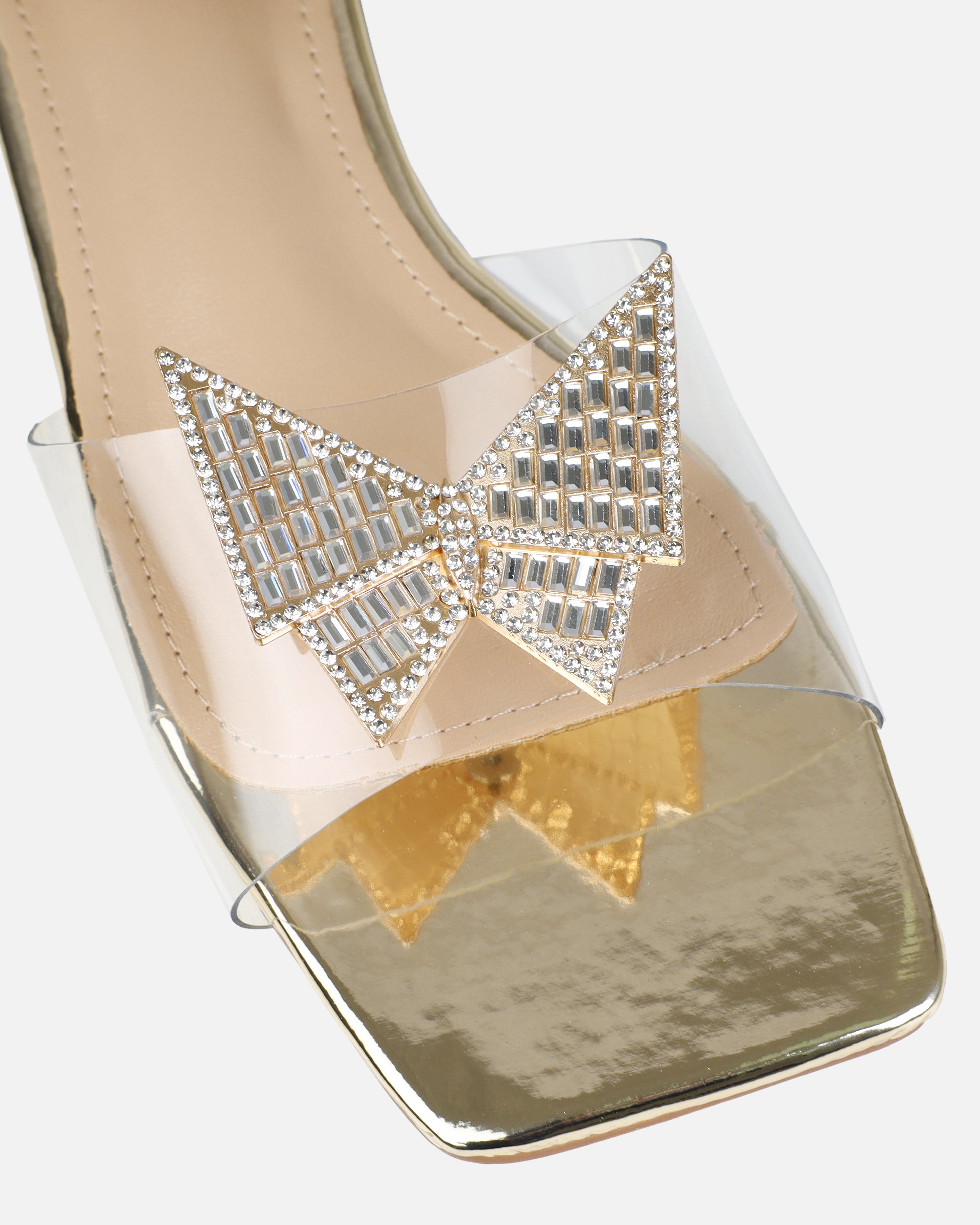 Uma Gold Clear Diamante Butterfly Flat Sandals | SIMMI London